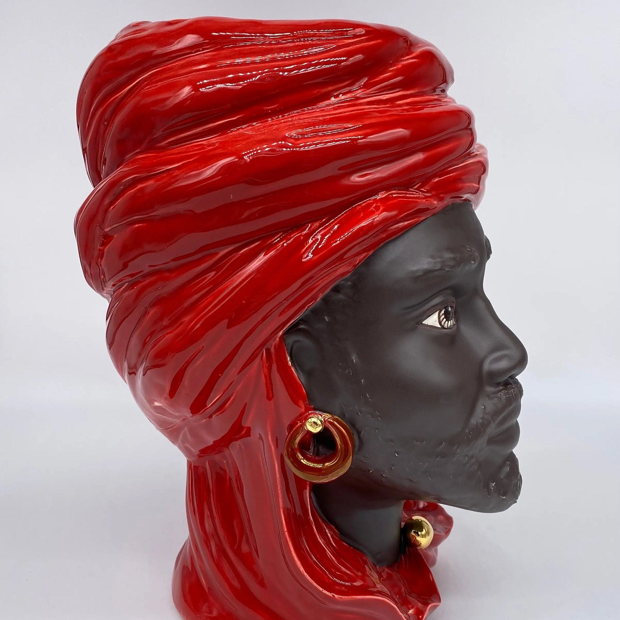 Teste di Moro Anubi Ceramica Caltagirone cm H.29 L.20 Artigianale Rosso Marrone Oro DD CERAMICHE SICILIANE