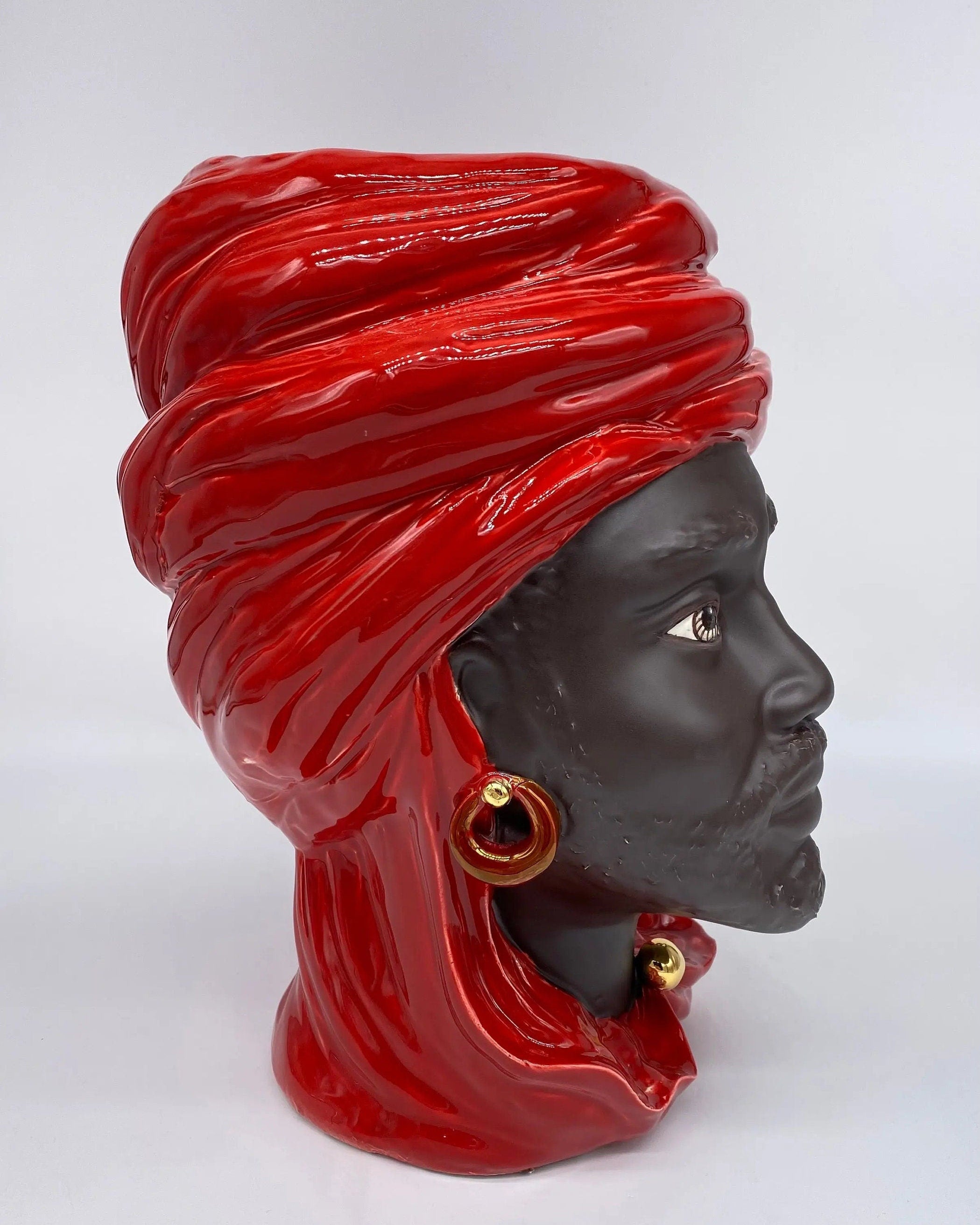 Teste di Moro Anubi Ceramica Caltagirone cm H.29 L.20 Artigianale Rosso Marrone Oro DD CERAMICHE SICILIANE