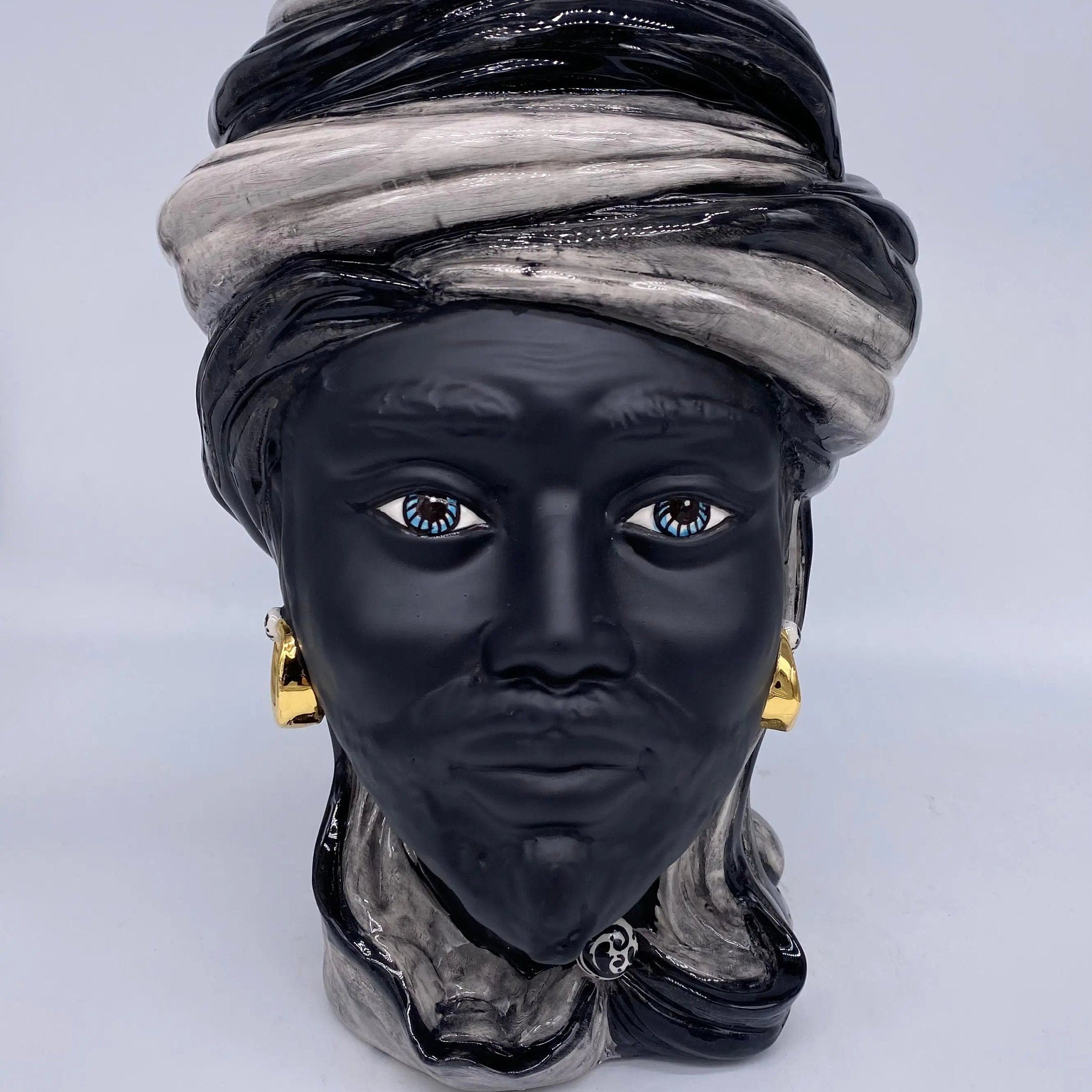 Teste di Moro Anubi Ceramica Caltagirone cm H.29 L.20 Artigianale Grigio Nero Oro DD CERAMICHE SICILIANE