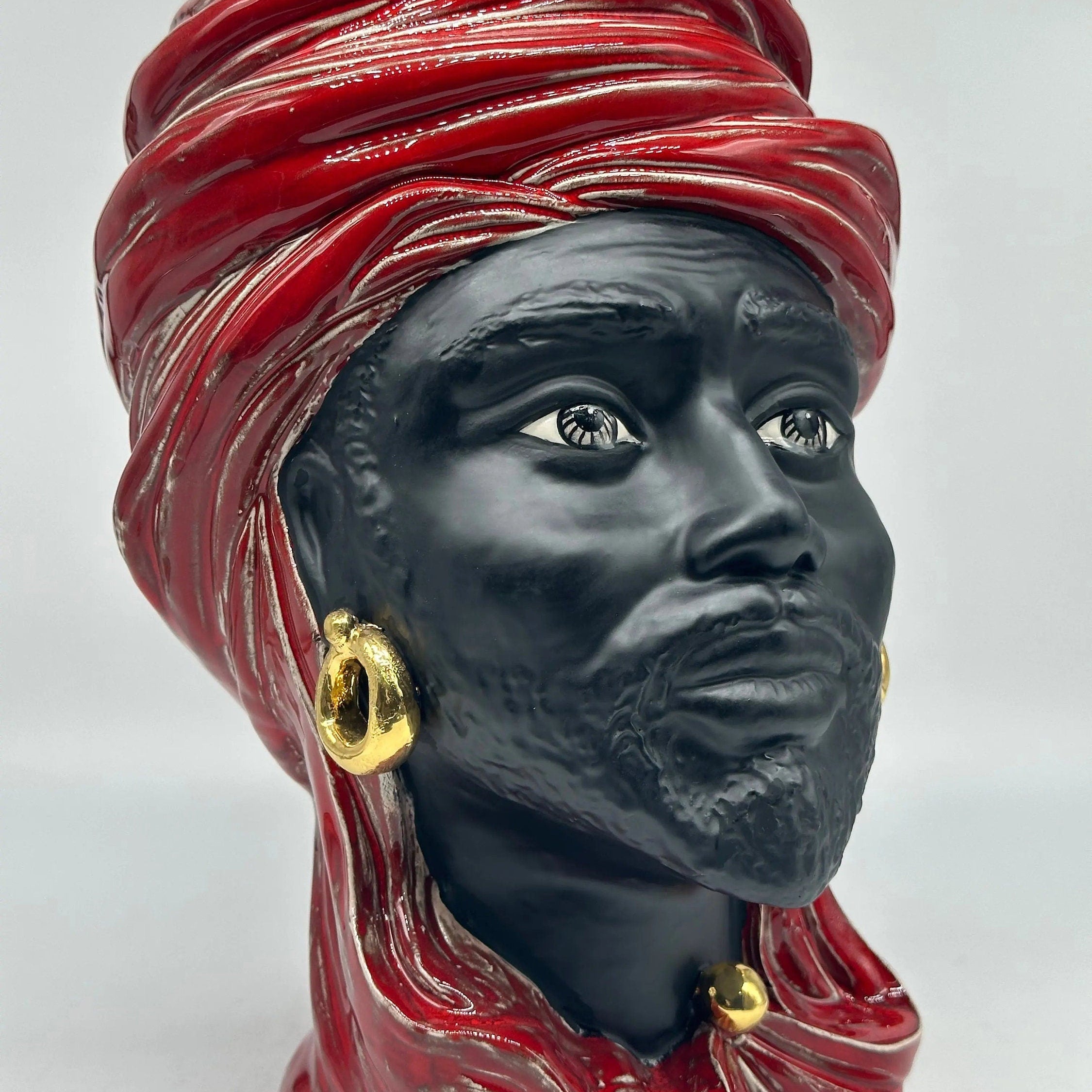 Teste di Moro Anubi Ceramica Caltagirone cm H.29 L.20 Artigianale Rosso Magma Oro DD CERAMICHE SICILIANE