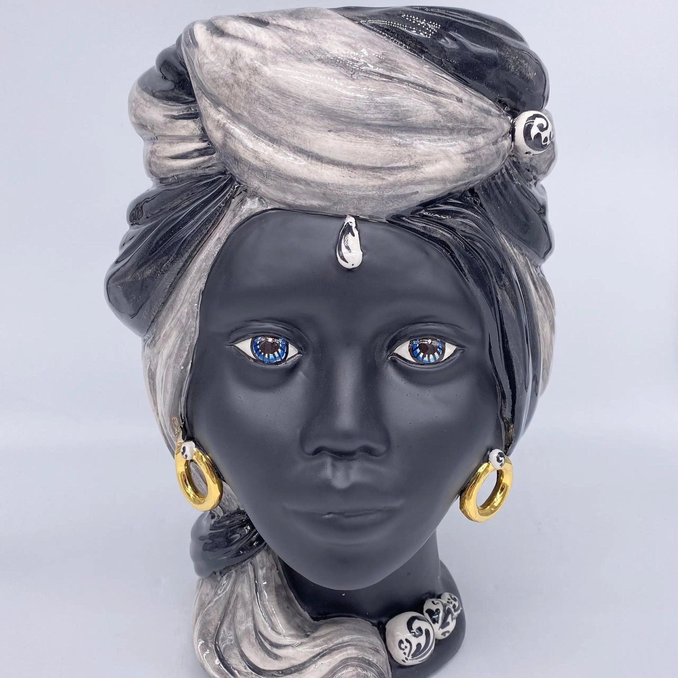 Teste di Moro Anubi Ceramica Caltagirone cm H.29 L.20 Artigianale Grigio Nero Oro DD CERAMICHE SICILIANE