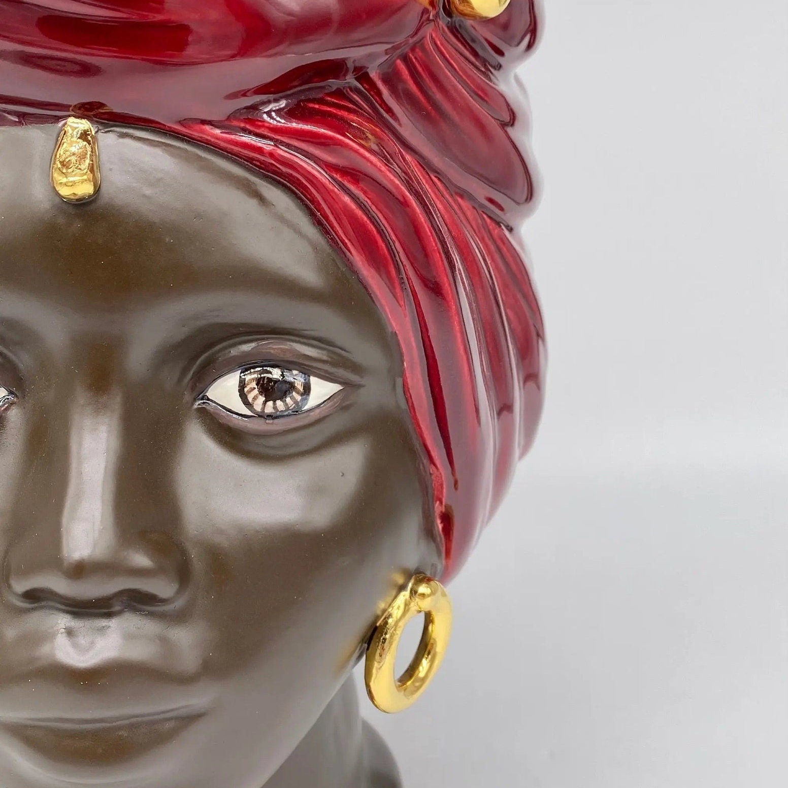 Teste di Moro Anubi Ceramica Caltagirone cm H.29 L.20 Artigianale Bordeaux Marrone Oro DD CERAMICHE SICILIANE