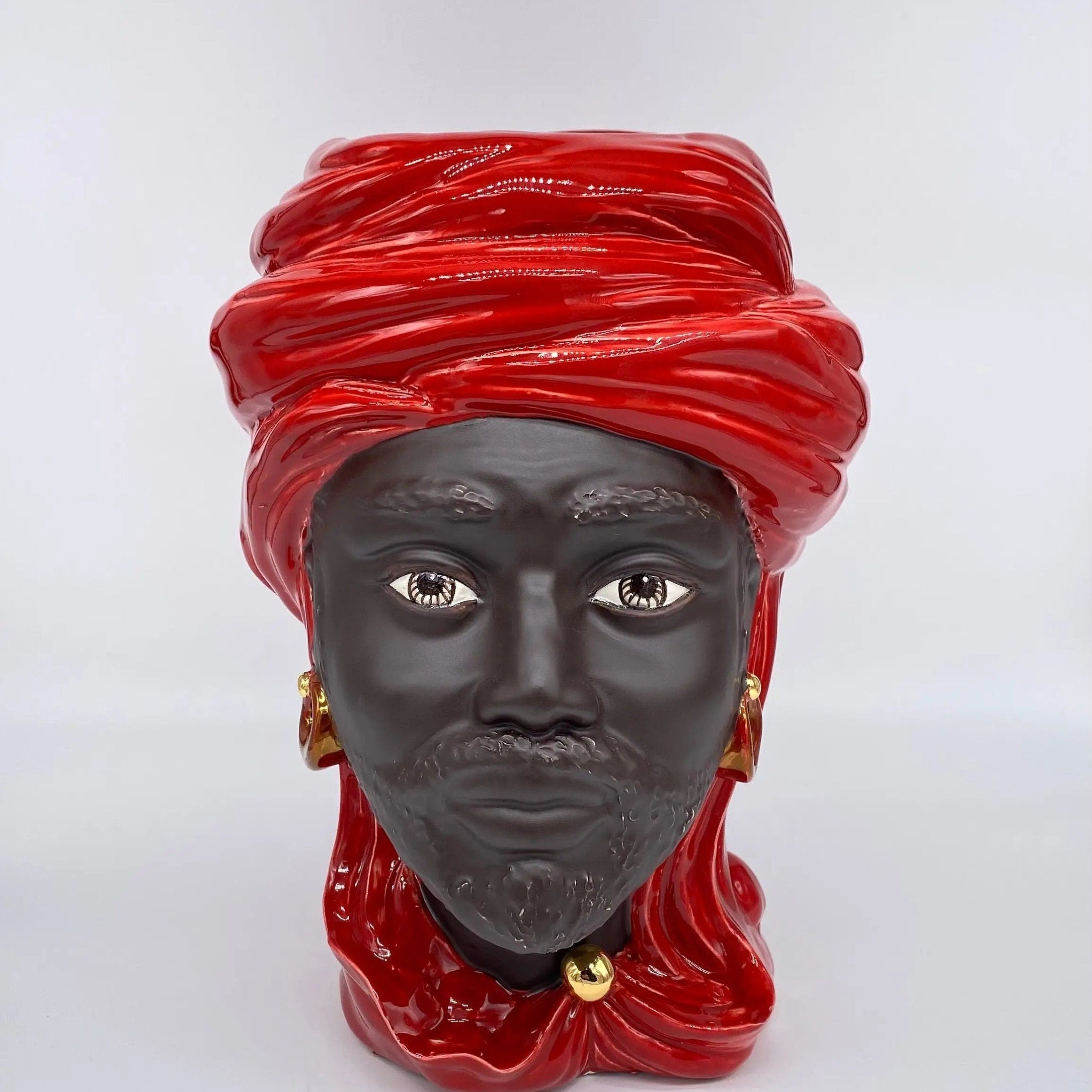 Teste di Moro Anubi Ceramica Caltagirone cm H.29 L.20 Artigianale Rosso Marrone Oro DD CERAMICHE SICILIANE