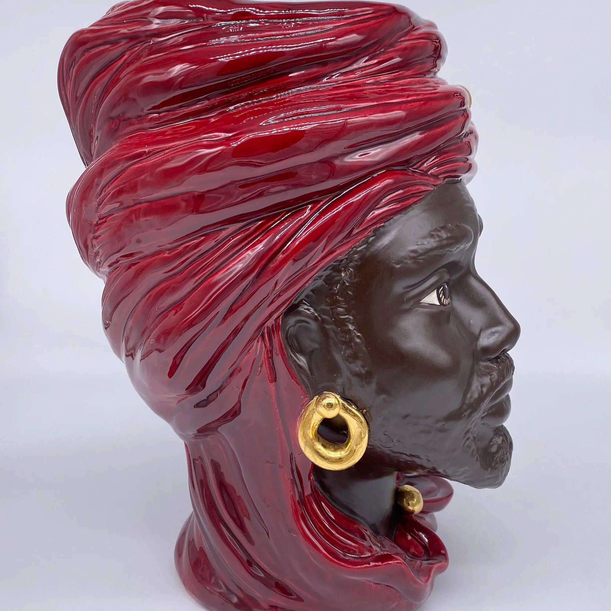 Teste di Moro Anubi Ceramica Caltagirone cm H.29 L.20 Artigianale Bordeaux Marrone Oro DD CERAMICHE SICILIANE