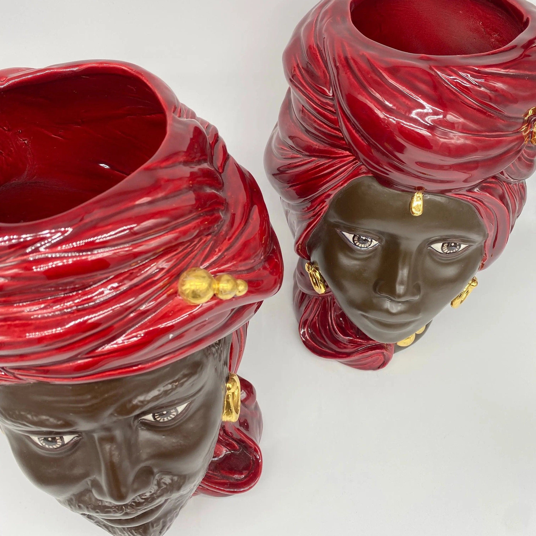 Teste di Moro Anubi Ceramica Caltagirone cm H.29 L.20 Artigianale Bordeaux Marrone Oro DD CERAMICHE SICILIANE