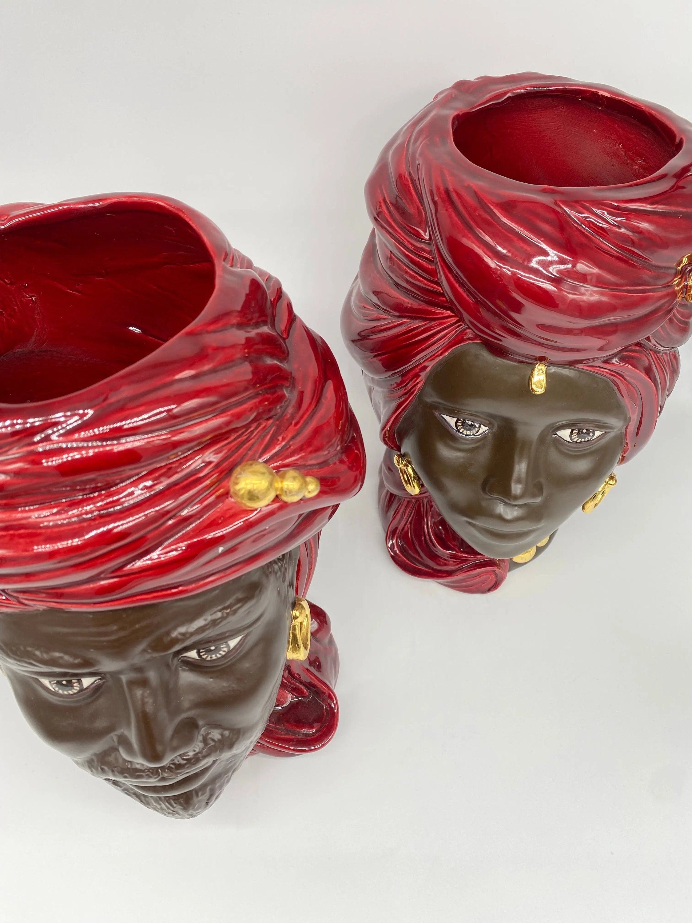 Teste di Moro Anubi Ceramica Caltagirone cm H.29 L.20 Artigianale Bordeaux Marrone Oro DD CERAMICHE SICILIANE