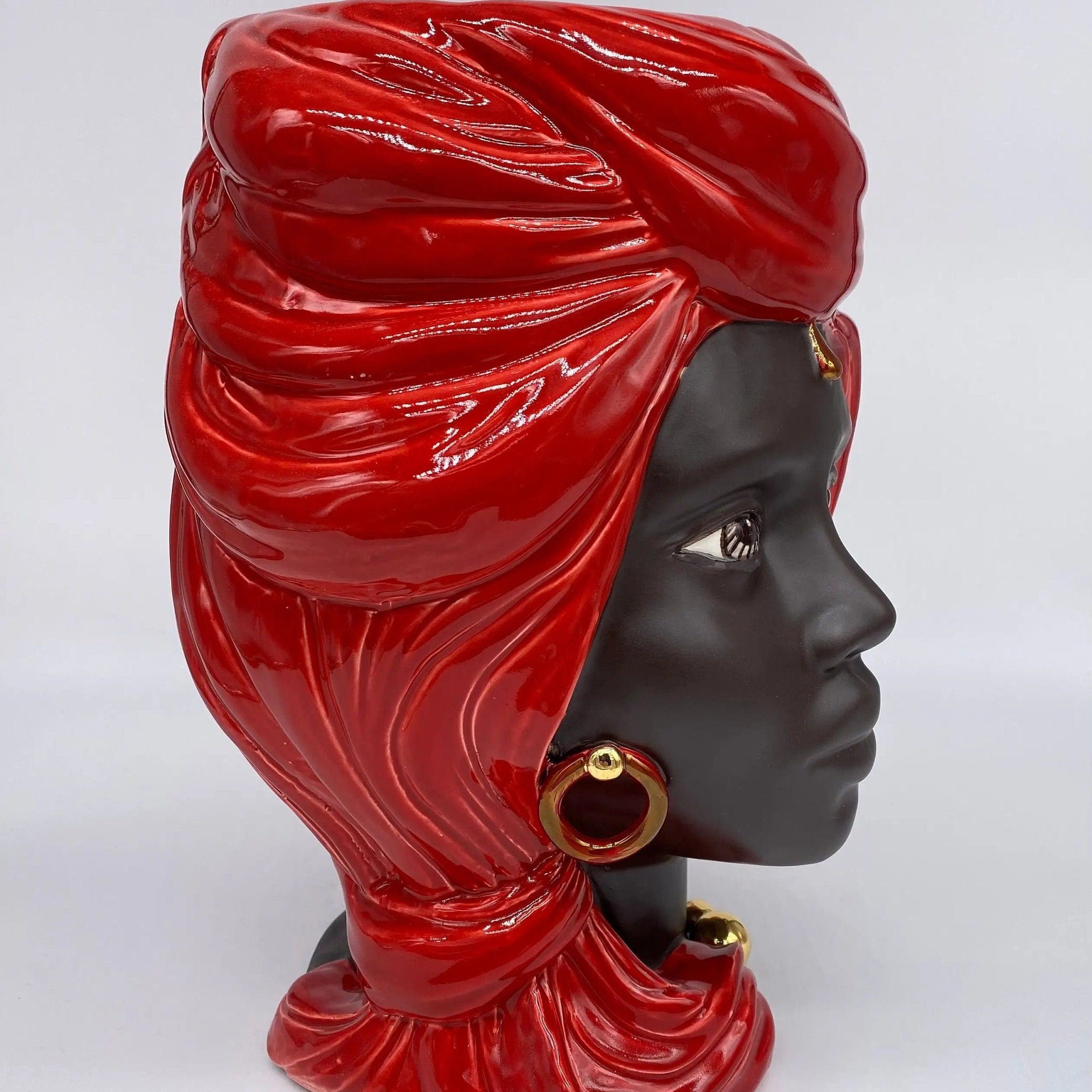 Teste di Moro Anubi Ceramica Caltagirone cm H.29 L.20 Artigianale Rosso Marrone Oro DD CERAMICHE SICILIANE