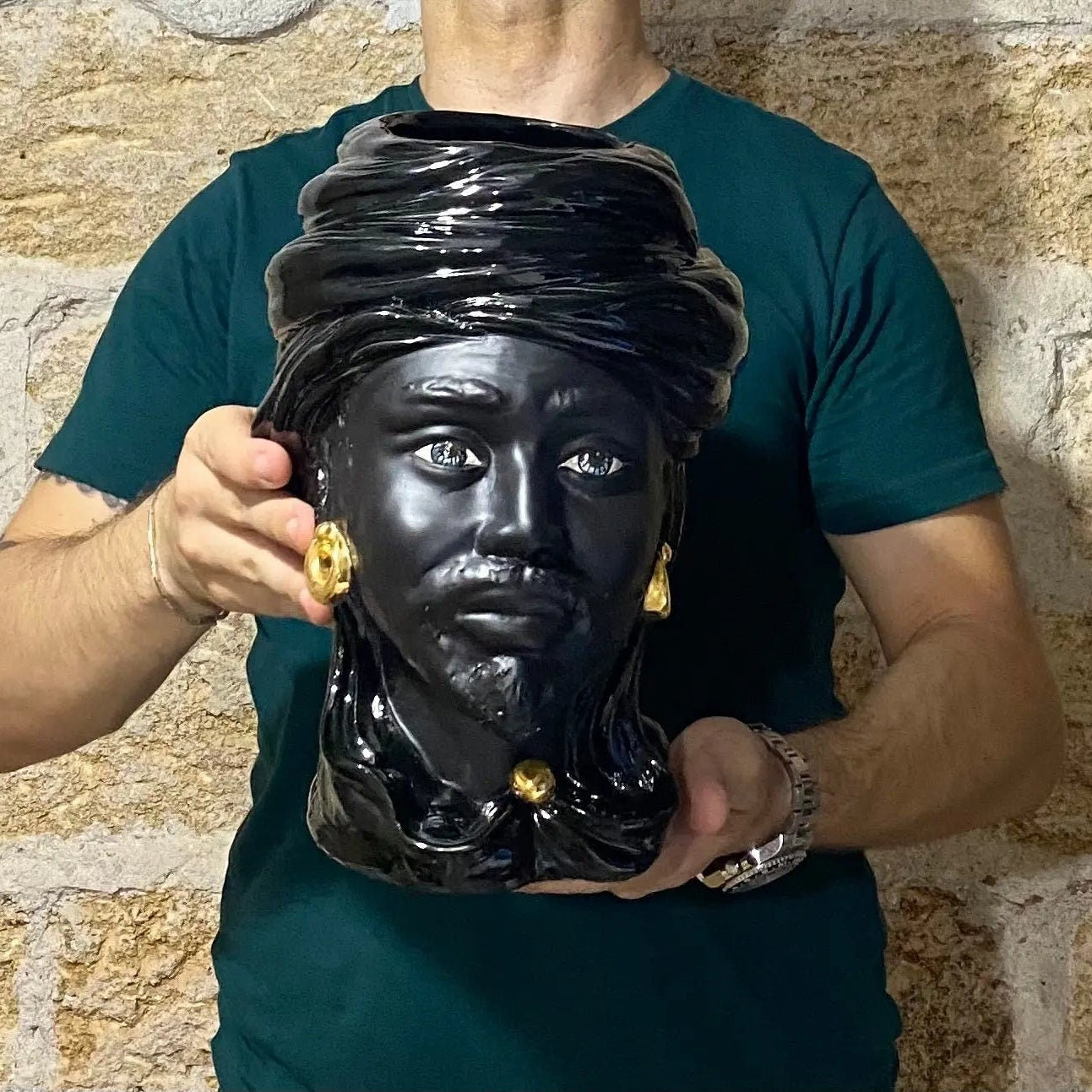 Teste di Moro Anubi Ceramica Caltagirone cm H.29 L.20 Artigianale Nero Oro DD CERAMICHE SICILIANE