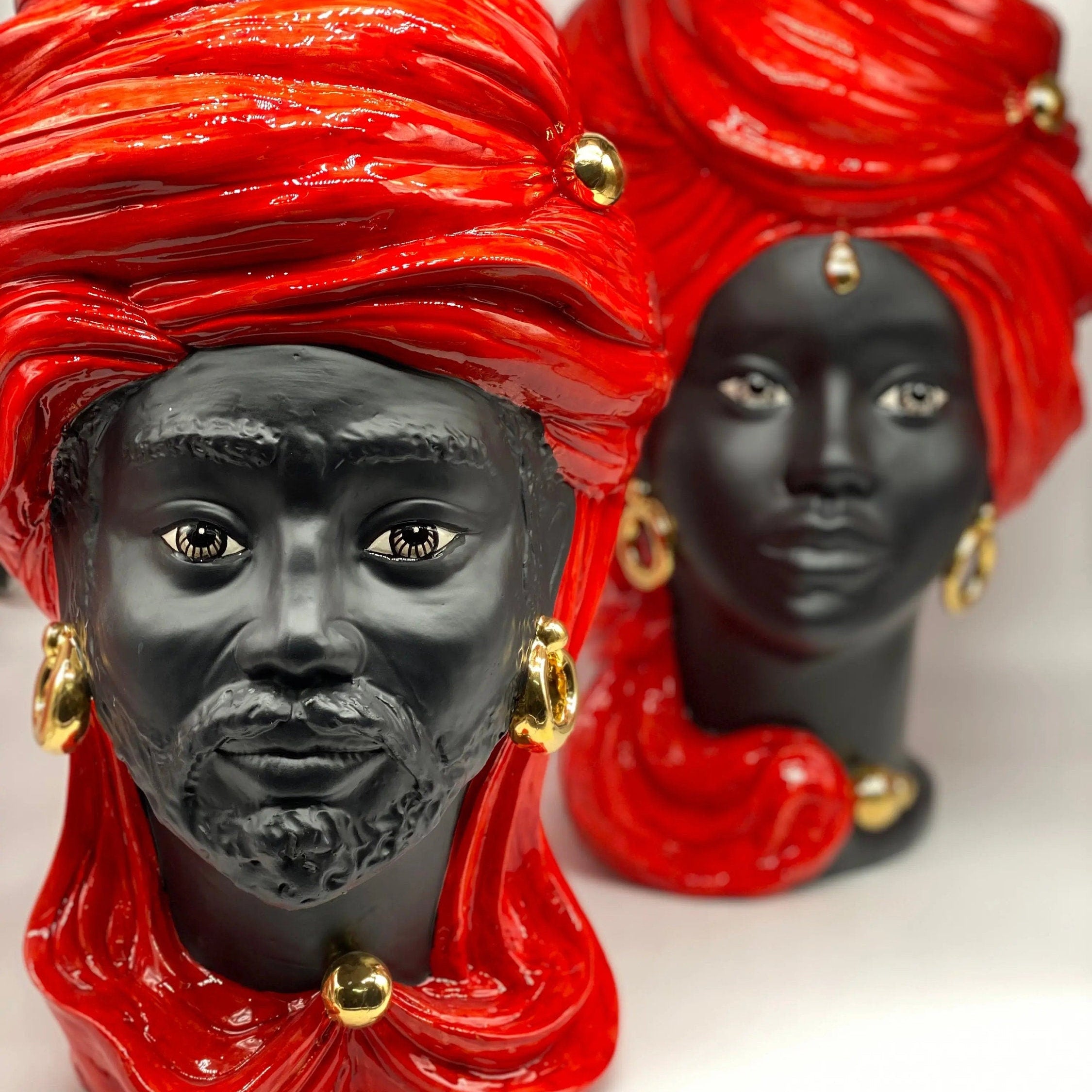 Teste di Moro Anubi Ceramica Caltagirone cm H.40 L.25 Artigianale Rosso Nero Oro DD CERAMICHE SICILIANE