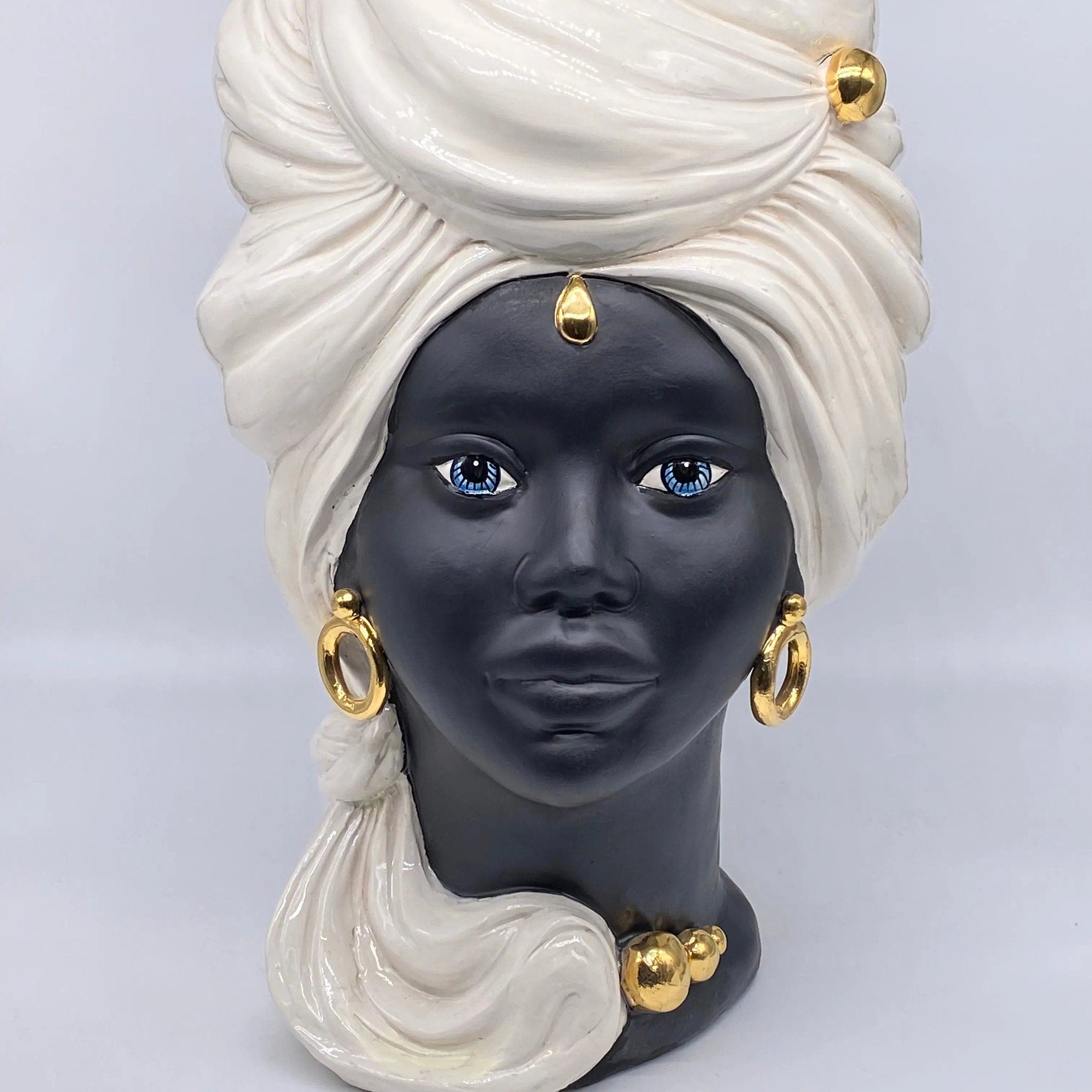 Teste di Moro Anubi Ceramica Caltagirone cm H.40 L.25 Artigianale Bianco Nero Oro DD CERAMICHE SICILIANE