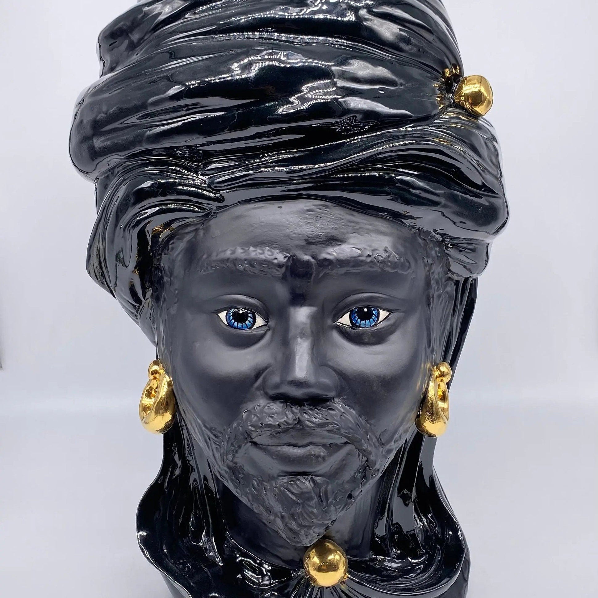 Teste di Moro Anubi Ceramica Caltagirone cm H.40 L.25 Artigianale Nero Oro DD CERAMICHE SICILIANE