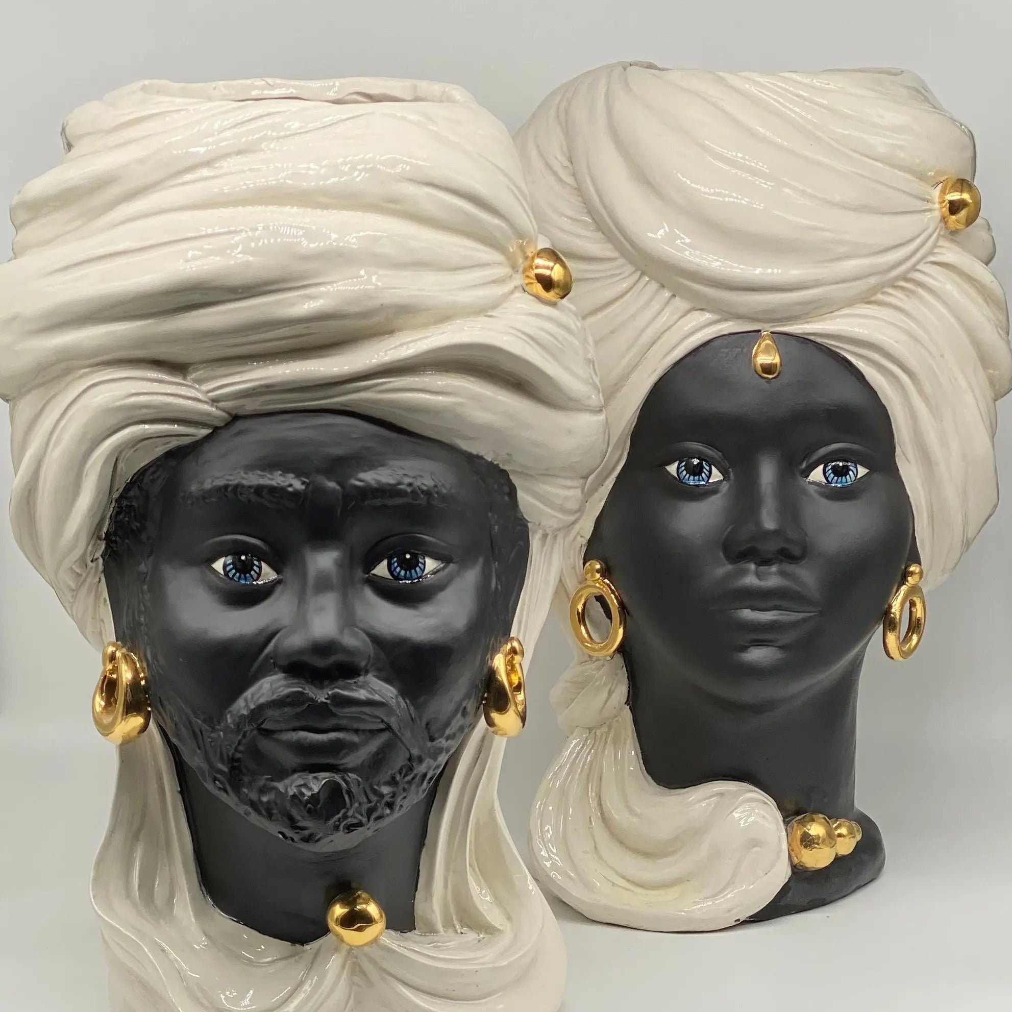 Teste di Moro Anubi Ceramica Caltagirone cm H.40 L.25 Artigianale Bianco Nero Oro DD CERAMICHE SICILIANE