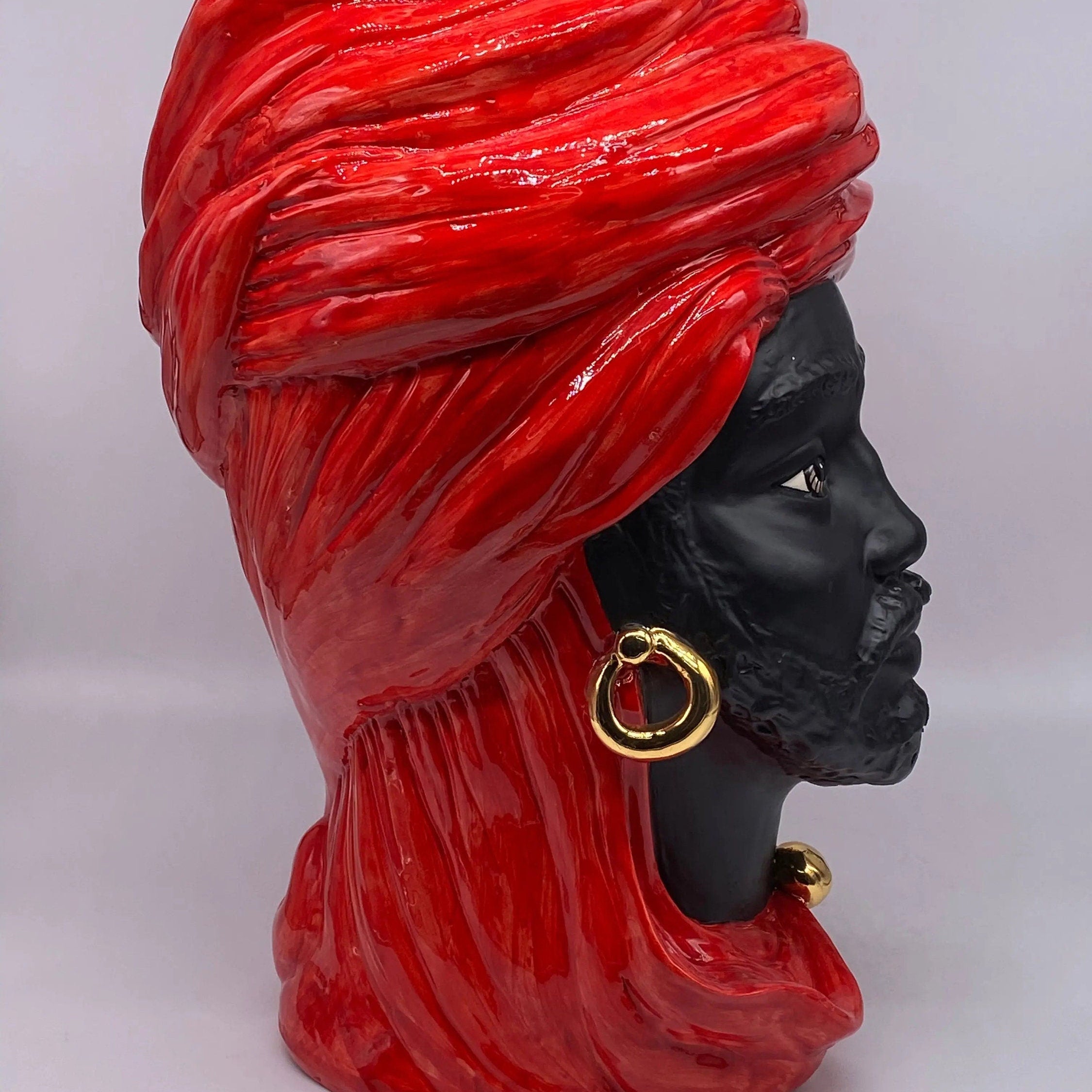 Teste di Moro Anubi Ceramica Caltagirone cm H.40 L.25 Artigianale Rosso Nero Oro DD CERAMICHE SICILIANE