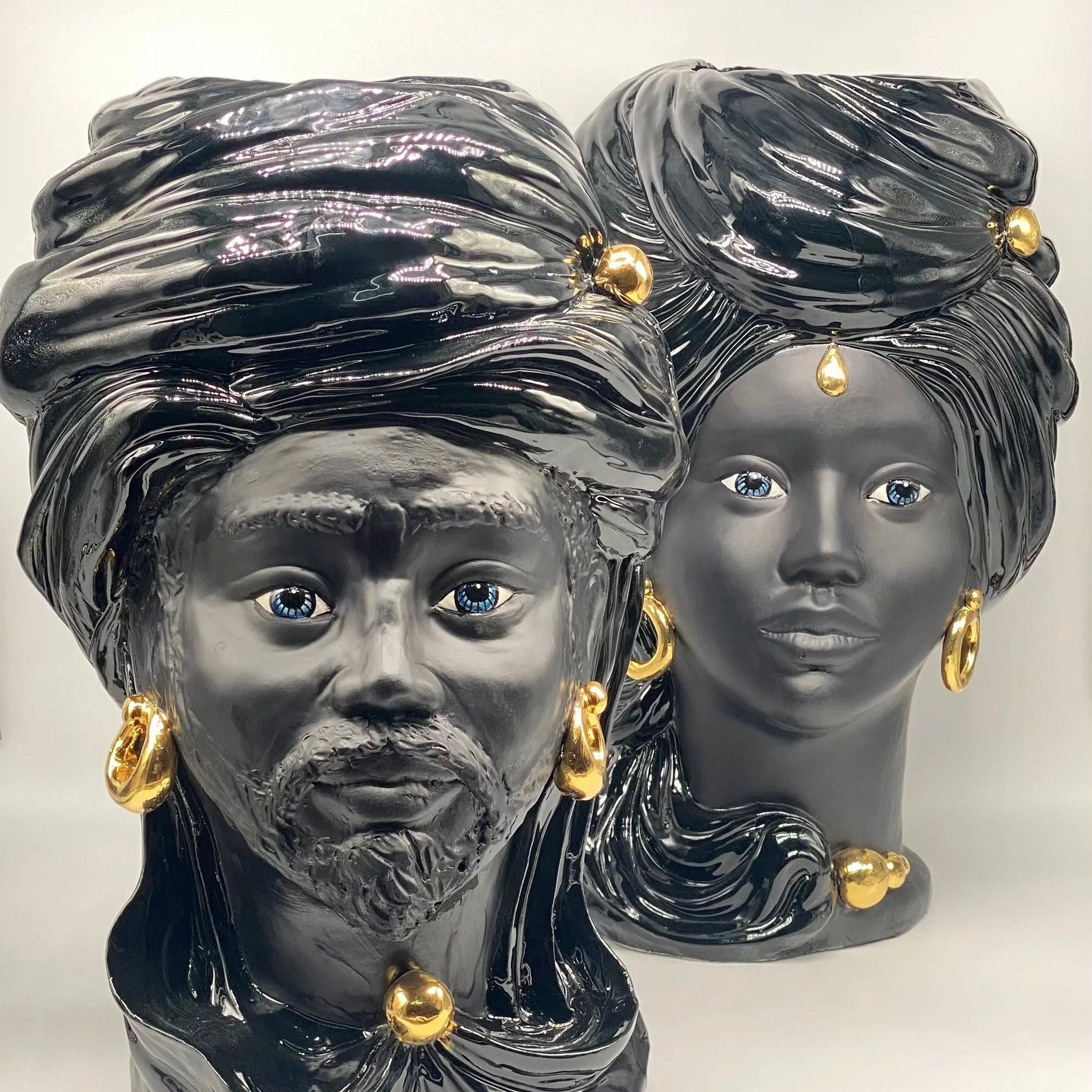 Teste di Moro Anubi Ceramica Caltagirone cm H.40 L.25 Artigianale Nero Oro DD CERAMICHE SICILIANE