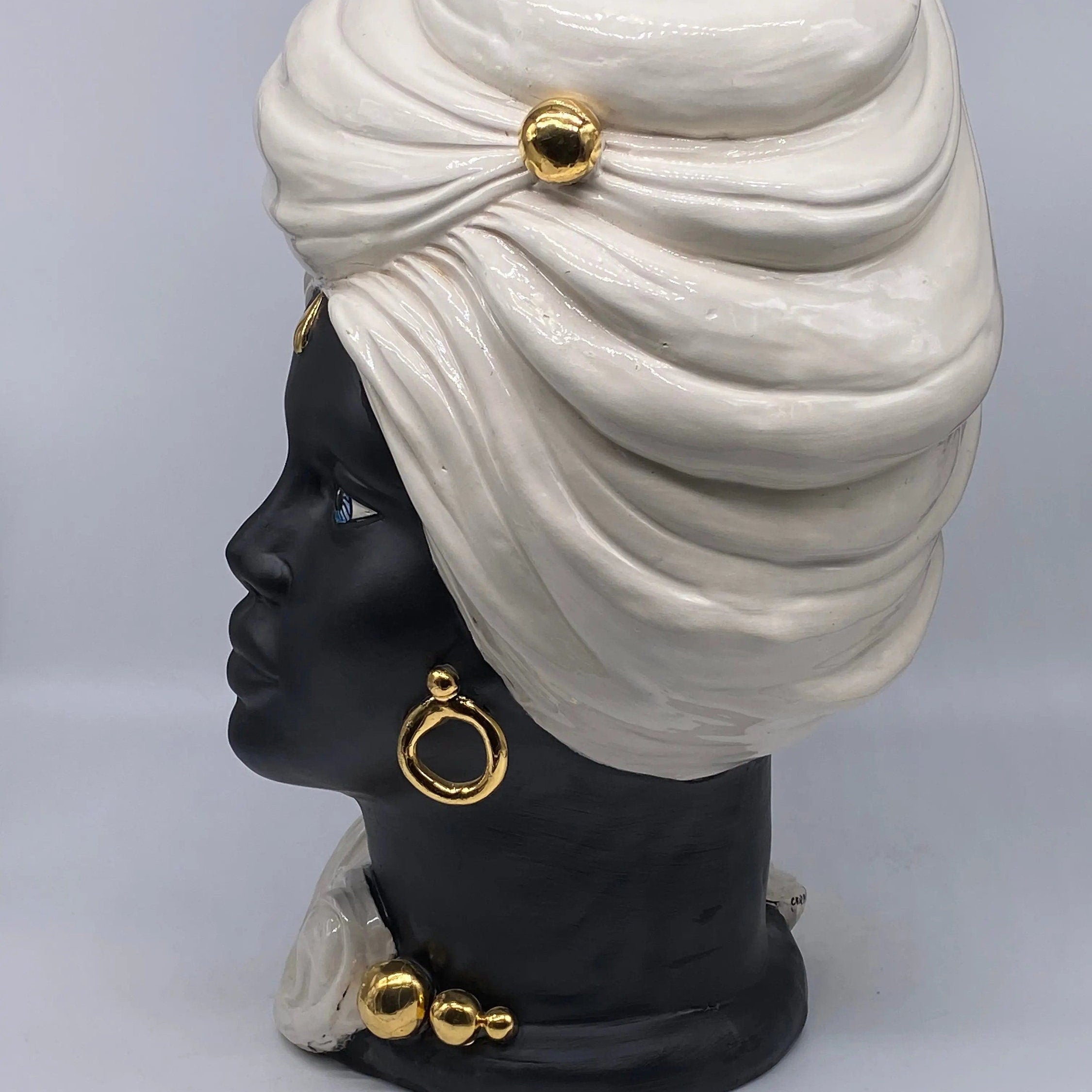 Teste di Moro Anubi Ceramica Caltagirone cm H.40 L.25 Artigianale Bianco Nero Oro DD CERAMICHE SICILIANE