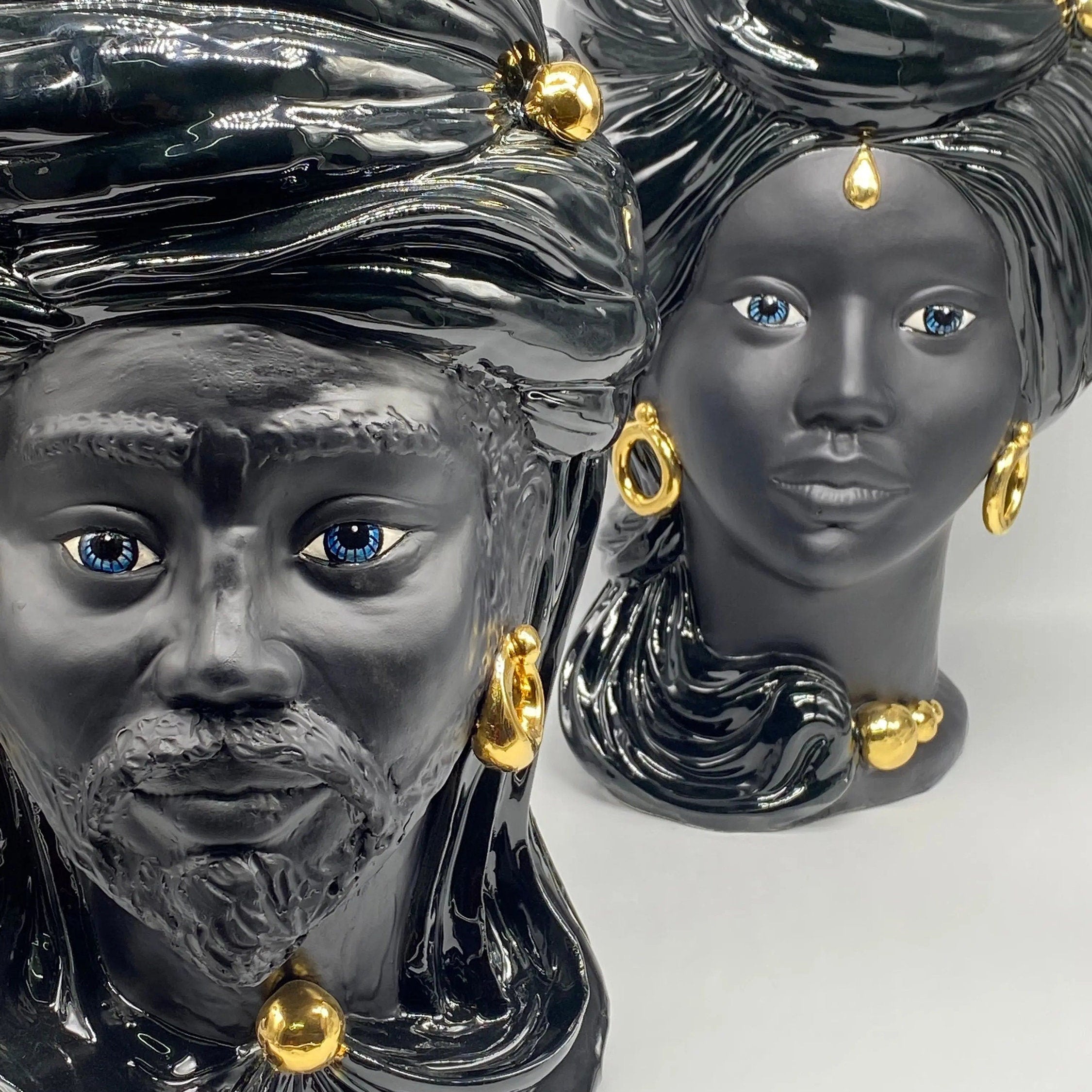 Teste di Moro Anubi Ceramica Caltagirone cm H.40 L.25 Artigianale Nero Oro DD CERAMICHE SICILIANE