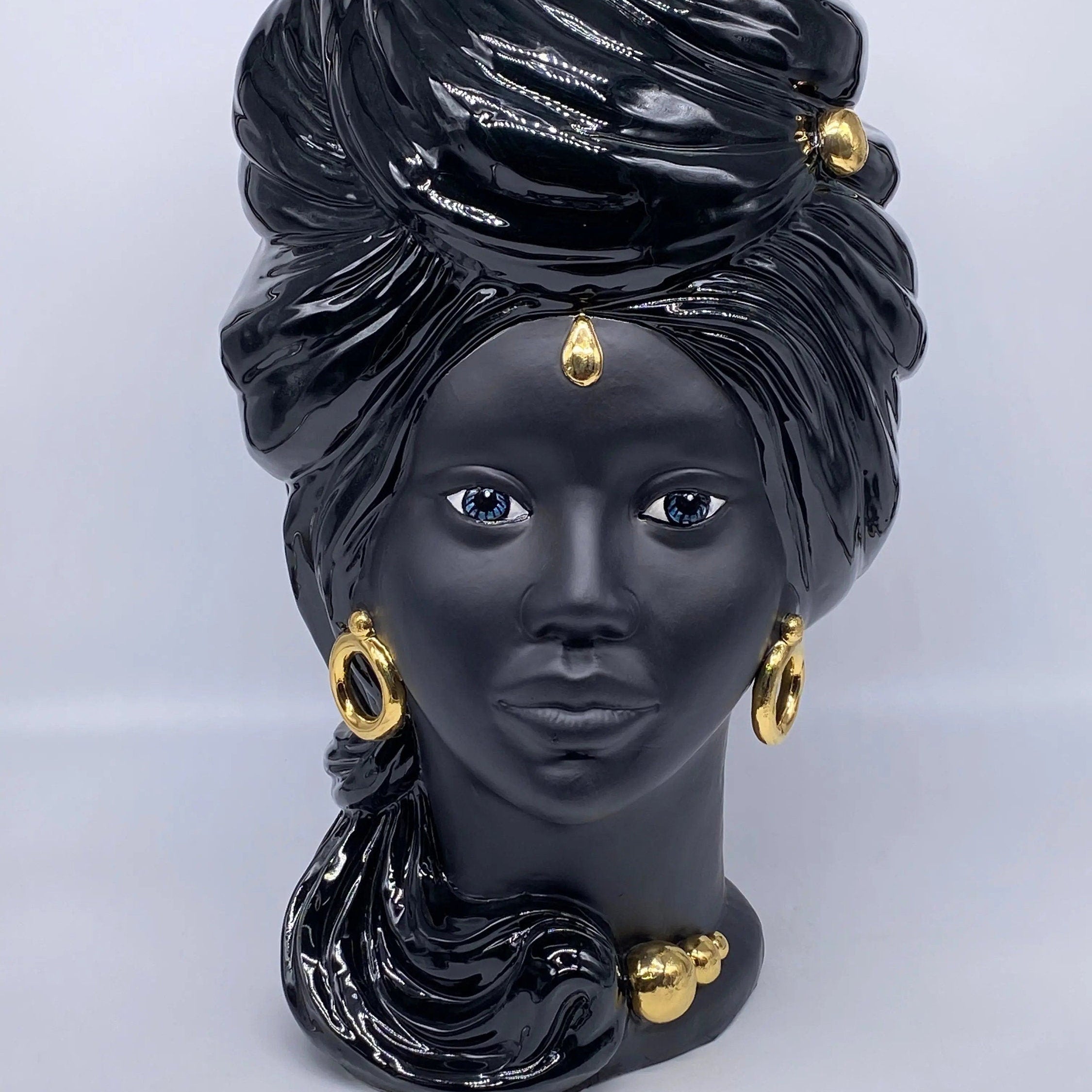 Teste di Moro Anubi Ceramica Caltagirone cm H.40 L.25 Artigianale Nero Oro DD CERAMICHE SICILIANE