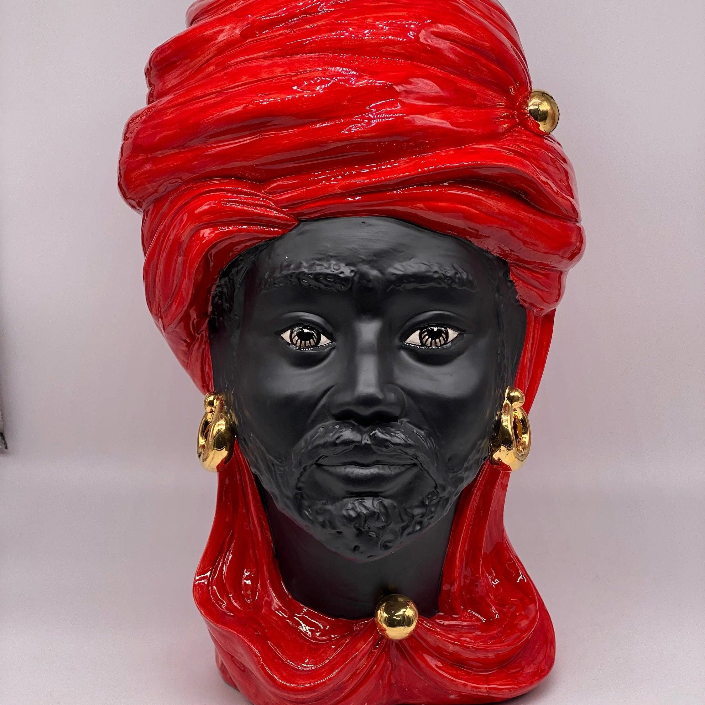 Teste di Moro Anubi Ceramica Caltagirone cm H.40 L.25 Artigianale Rosso Nero Oro DD CERAMICHE SICILIANE