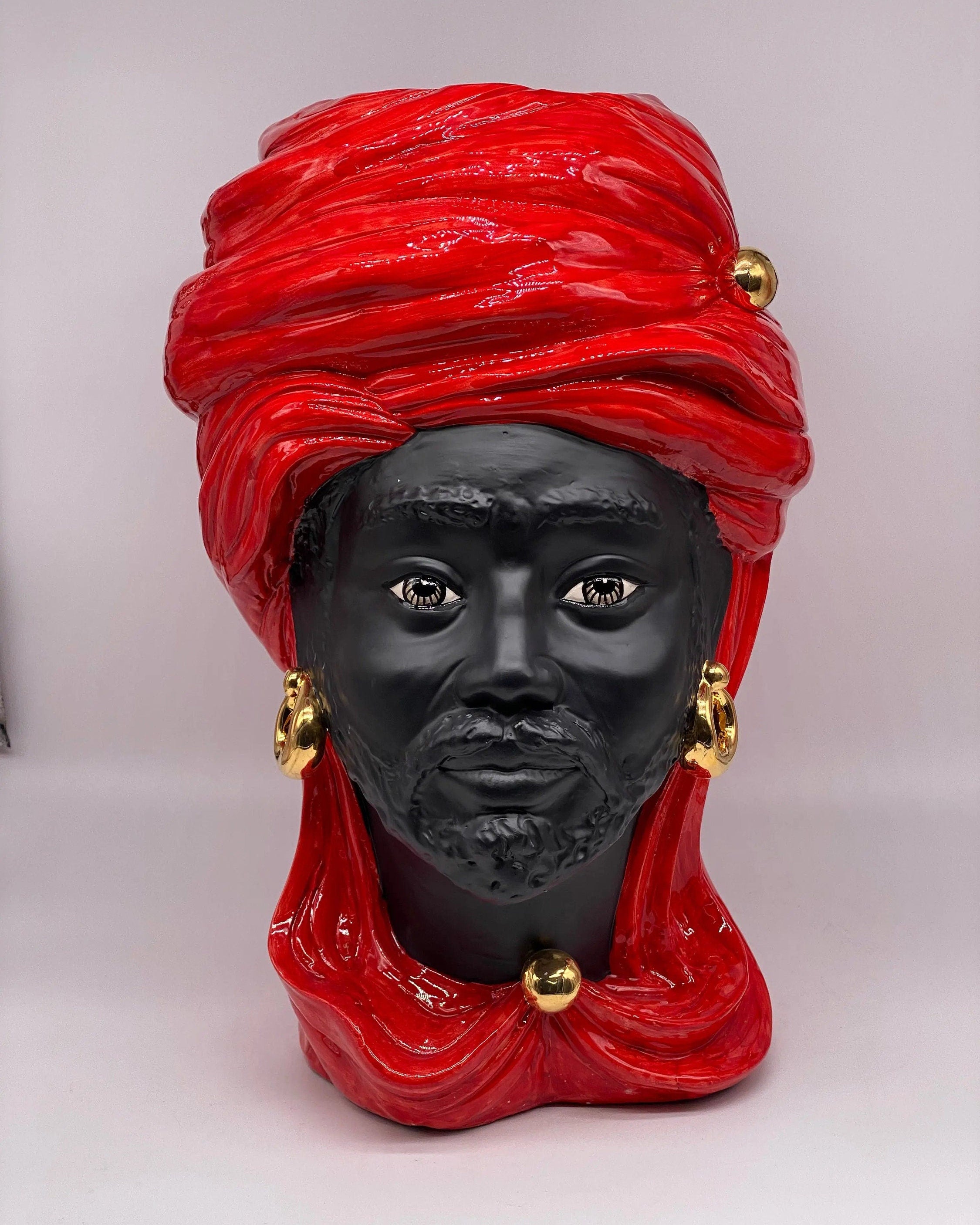 Teste di Moro Anubi Ceramica Caltagirone cm H.40 L.25 Artigianale Rosso Nero Oro DD CERAMICHE SICILIANE