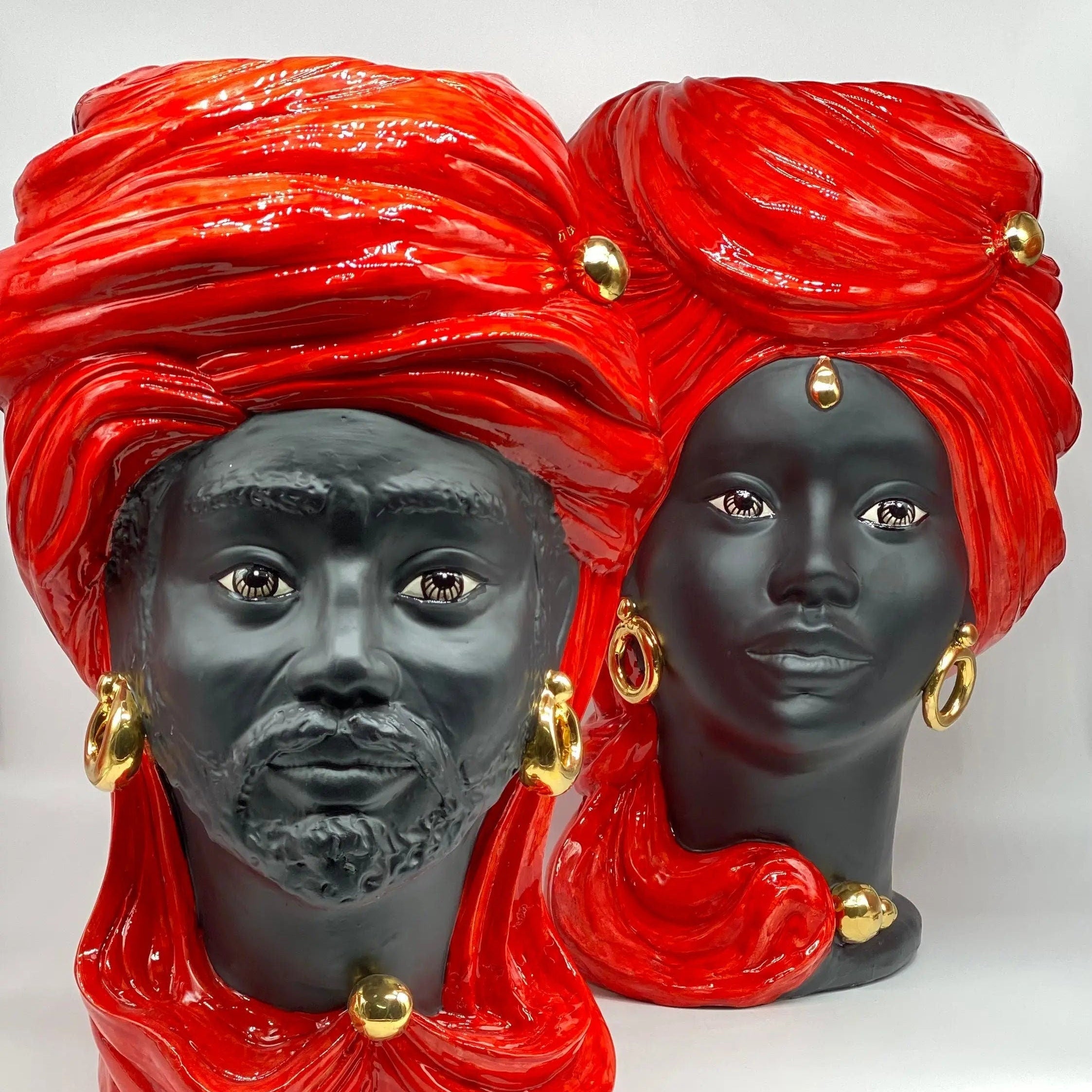 Teste di Moro Anubi Ceramica Caltagirone cm H.40 L.25 Artigianale Rosso Nero Oro DD CERAMICHE SICILIANE