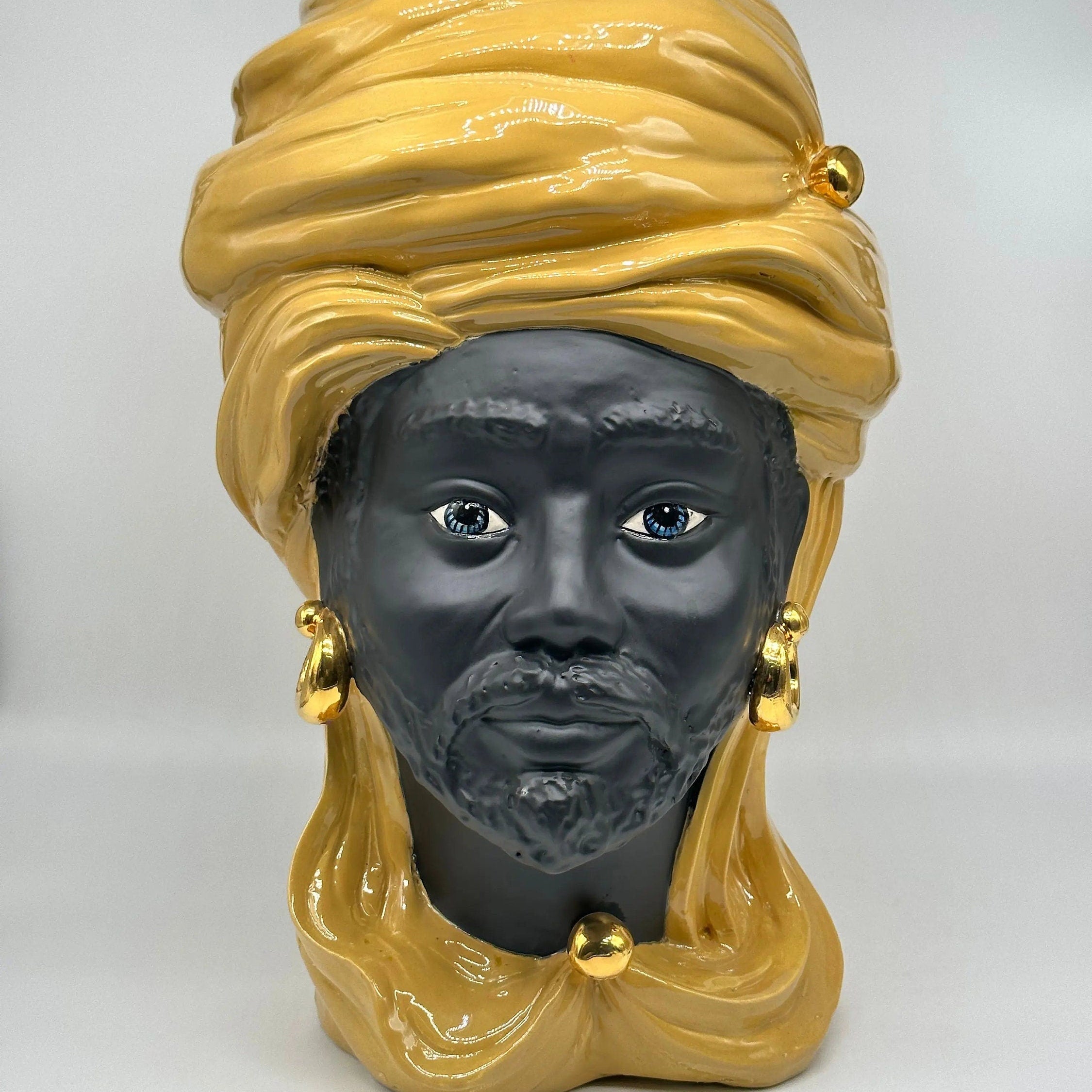 Teste di Moro Anubi Ceramica Caltagirone cm H.40 L.25 Artigianale Senape Nero Oro DD CERAMICHE SICILIANE