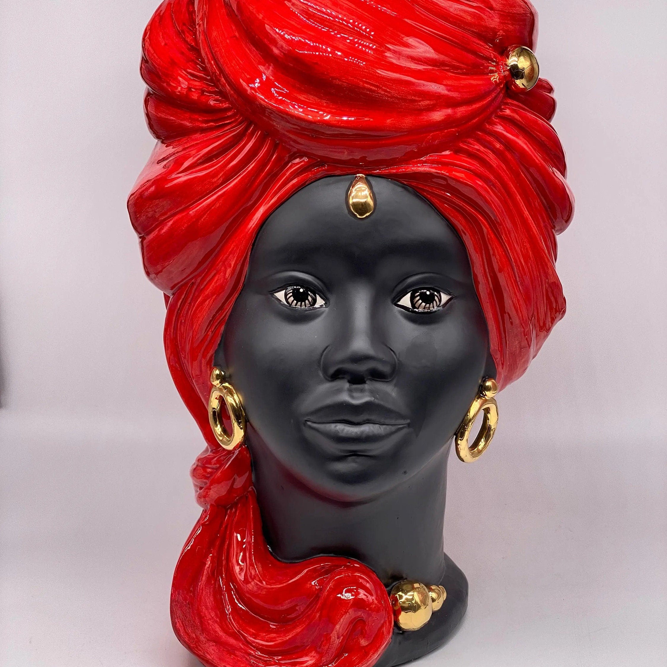 Teste di Moro Anubi Ceramica Caltagirone cm H.40 L.25 Artigianale Rosso Nero Oro DD CERAMICHE SICILIANE