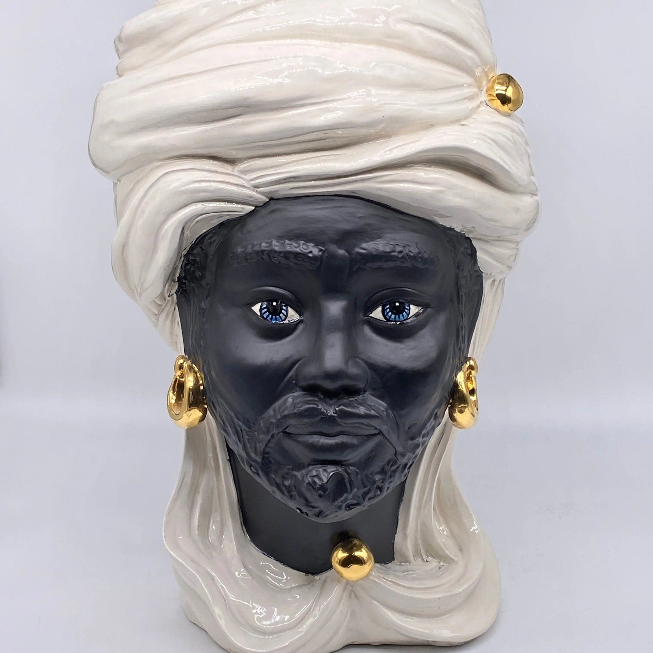 Teste di Moro Anubi Ceramica Caltagirone cm H.40 L.25 Artigianale Bianco Nero Oro DD CERAMICHE SICILIANE