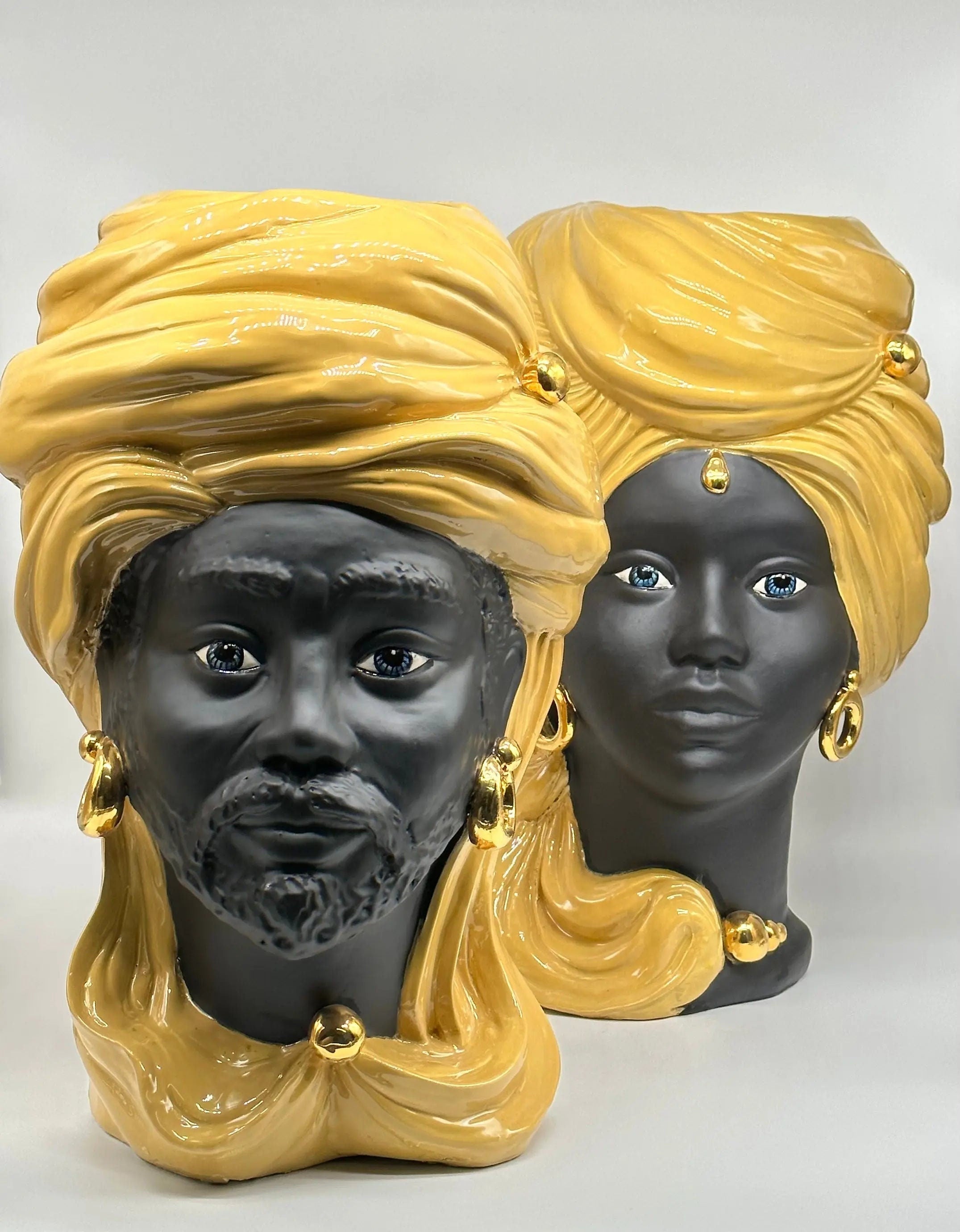 Teste di Moro Anubi Ceramica Caltagirone cm H.40 L.25 Artigianale Senape Nero Oro DD CERAMICHE SICILIANE