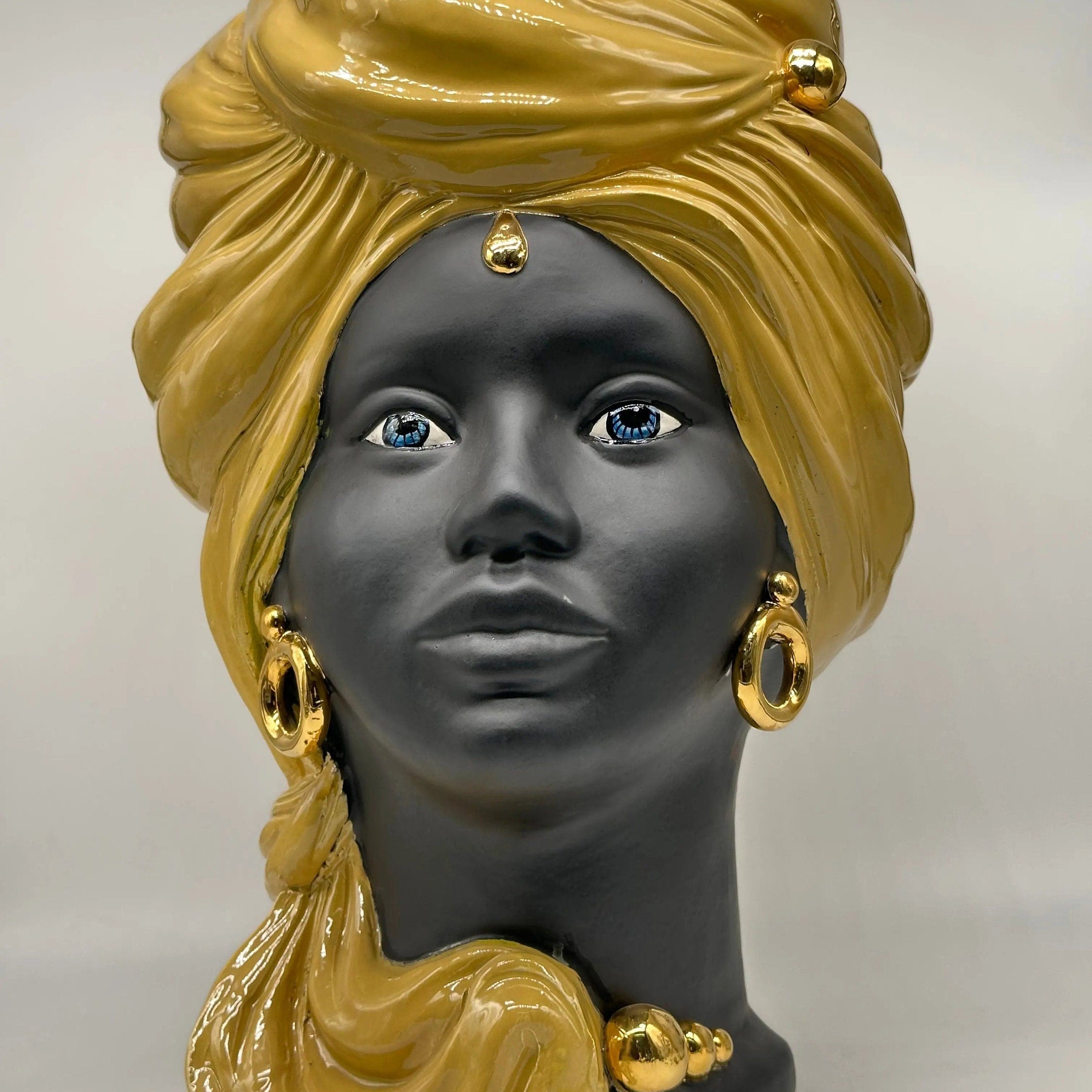 Teste di Moro Anubi Ceramica Caltagirone cm H.40 L.25 Artigianale Senape Nero Oro DD CERAMICHE SICILIANE