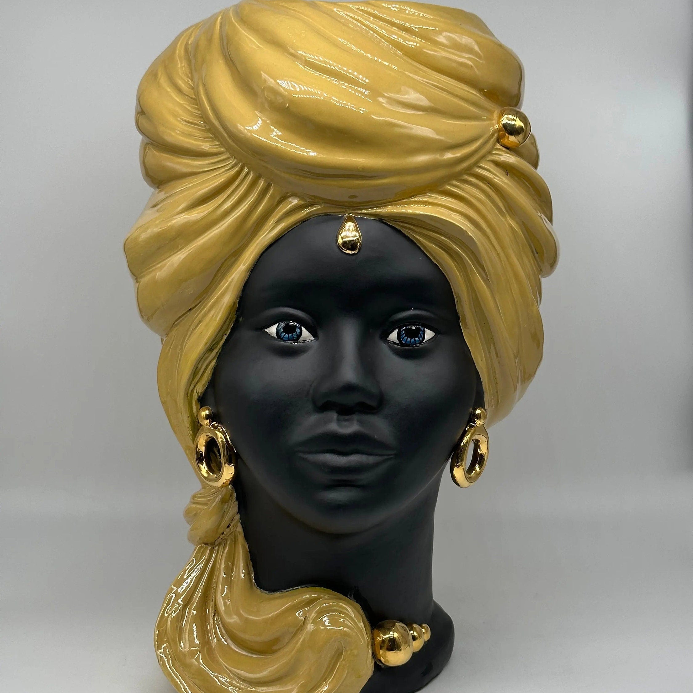 Teste di Moro Anubi Ceramica Caltagirone cm H.40 L.25 Artigianale Senape Nero Oro DD CERAMICHE SICILIANE