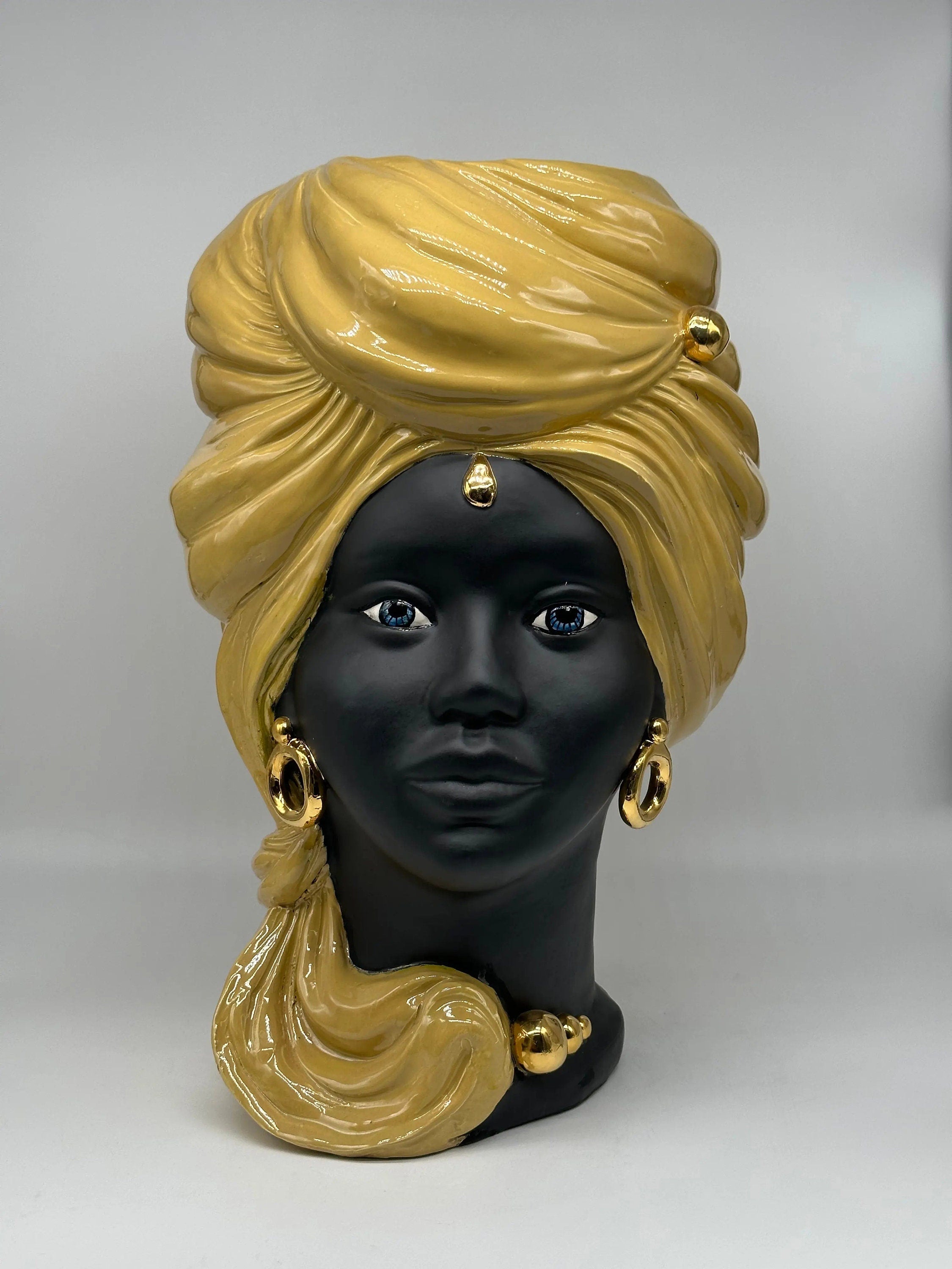 Teste di Moro Anubi Ceramica Caltagirone cm H.40 L.25 Artigianale Senape Nero Oro DD CERAMICHE SICILIANE