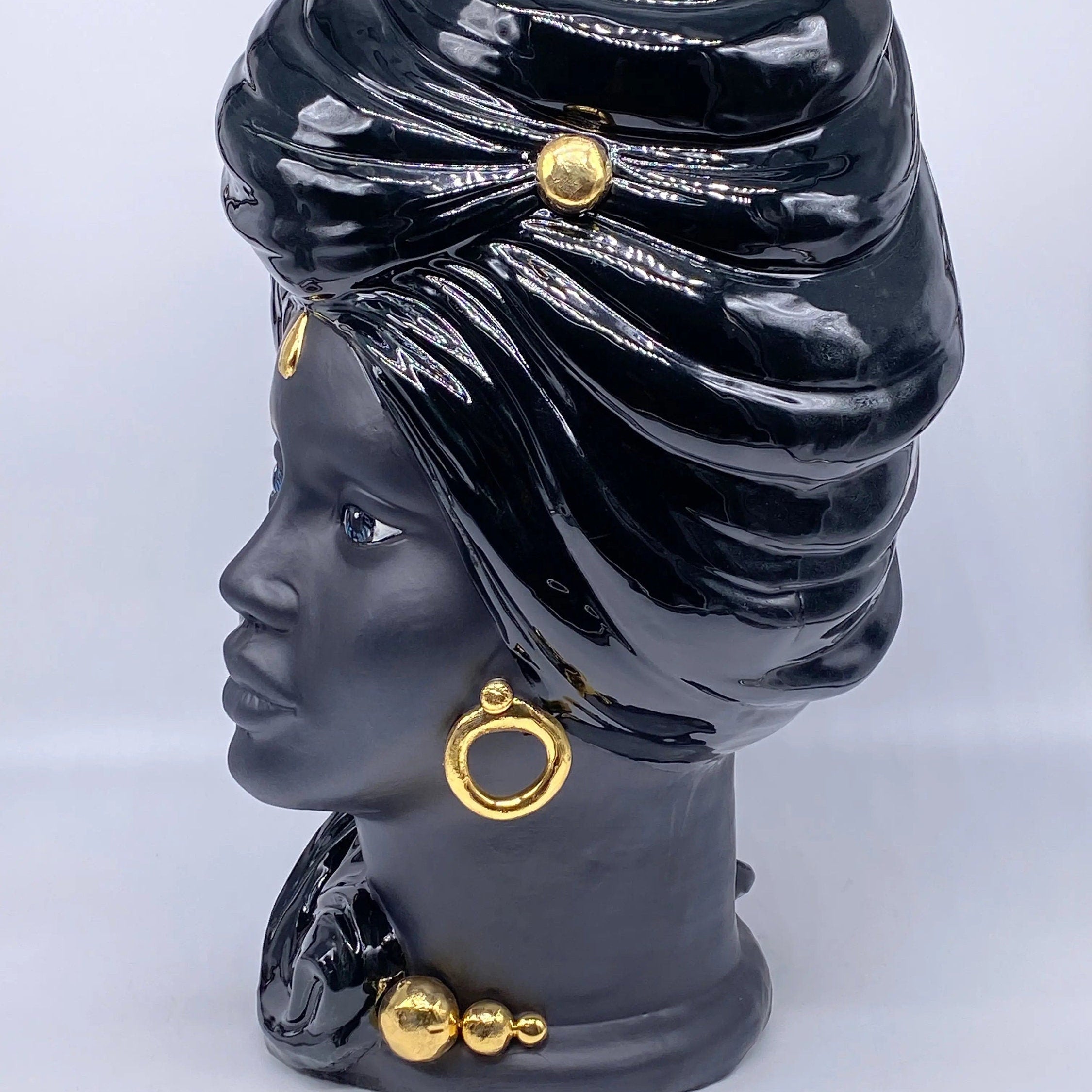 Teste di Moro Anubi Ceramica Caltagirone cm H.40 L.25 Artigianale Nero Oro DD CERAMICHE SICILIANE