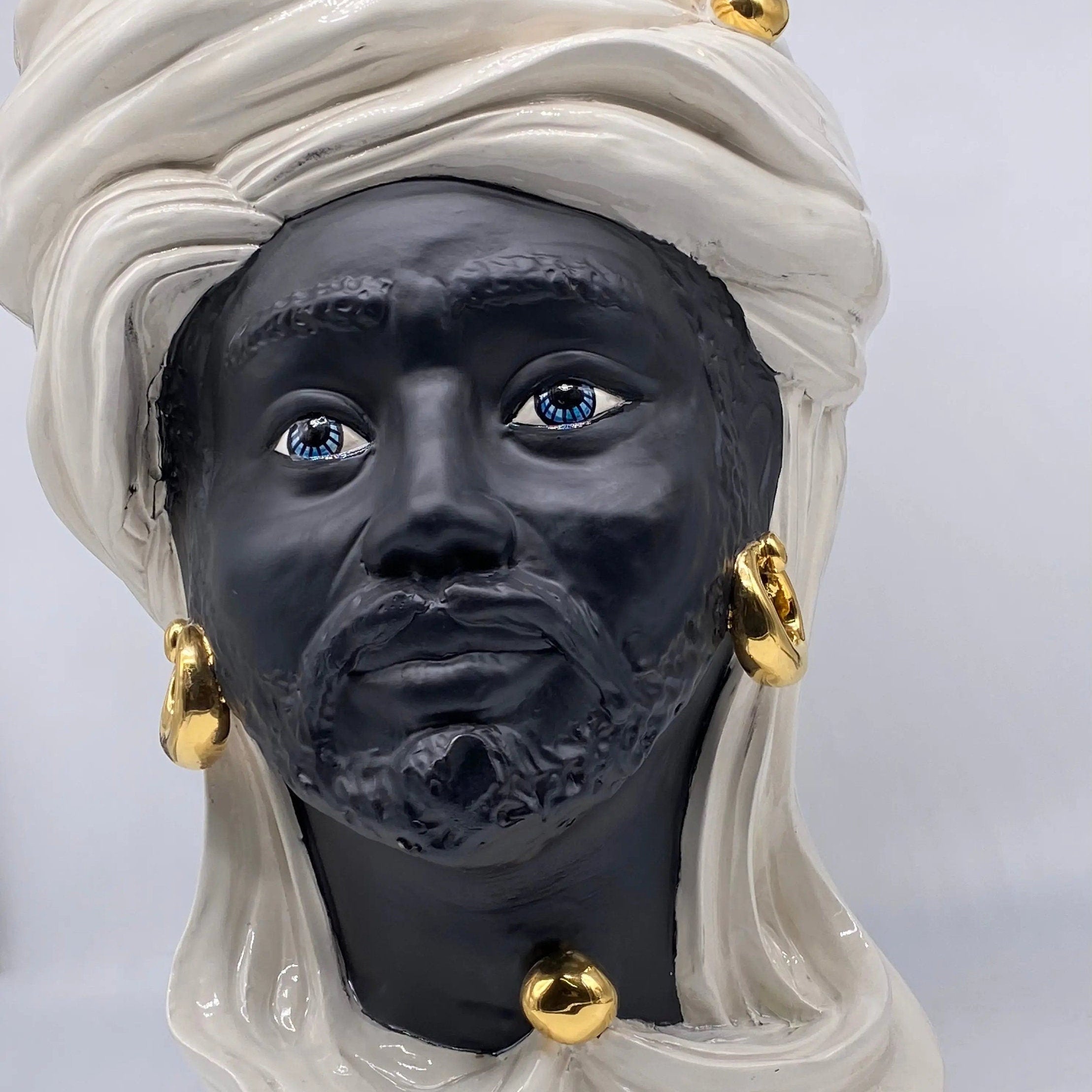 Teste di Moro Anubi Ceramica Caltagirone cm H.40 L.25 Artigianale Bianco Nero Oro DD CERAMICHE SICILIANE