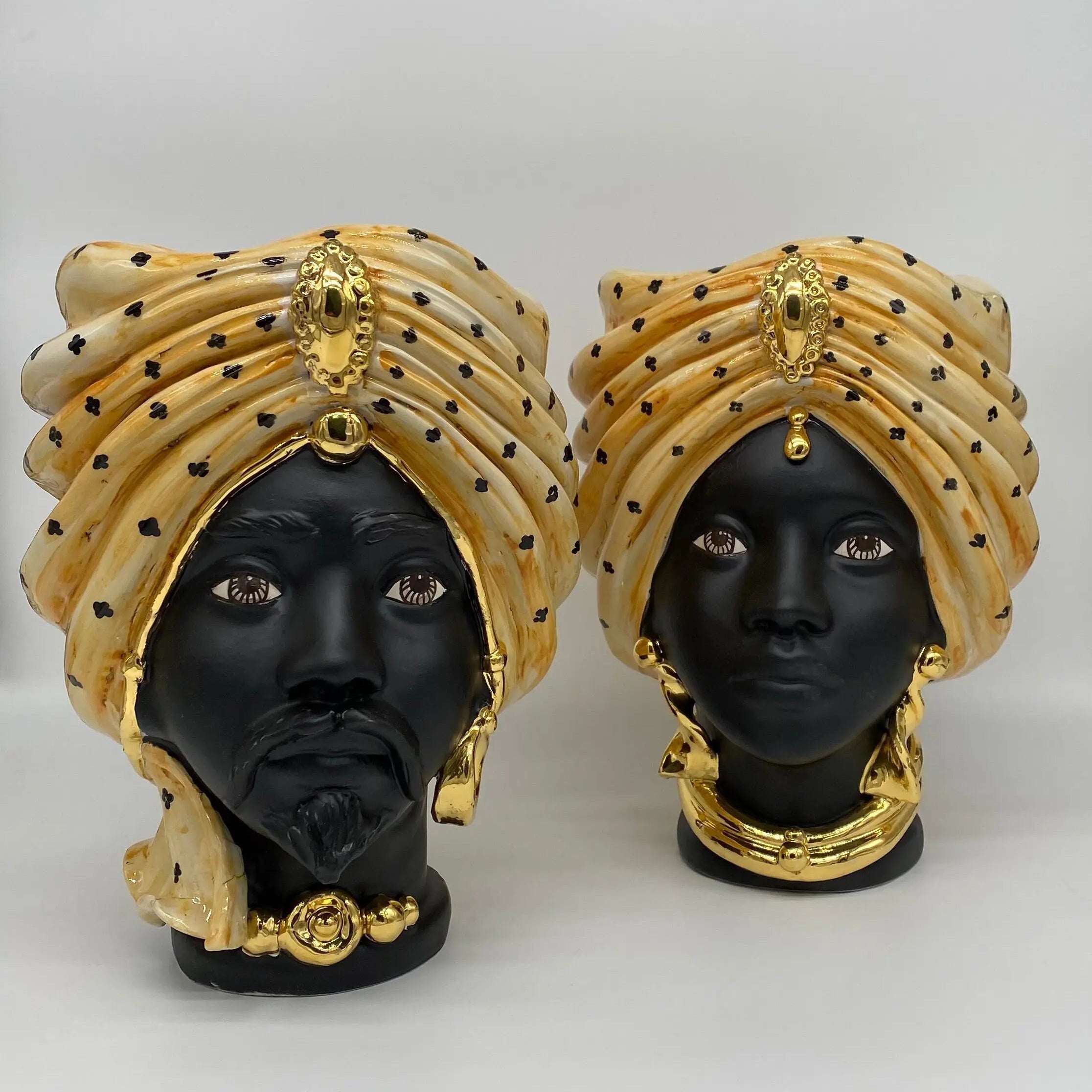 Teste di Moro Atena Ceramica Caltagirone cm H.24 L.18 Artigianale Arancio Pois Nero Oro DD CERAMICHE SICILIANE