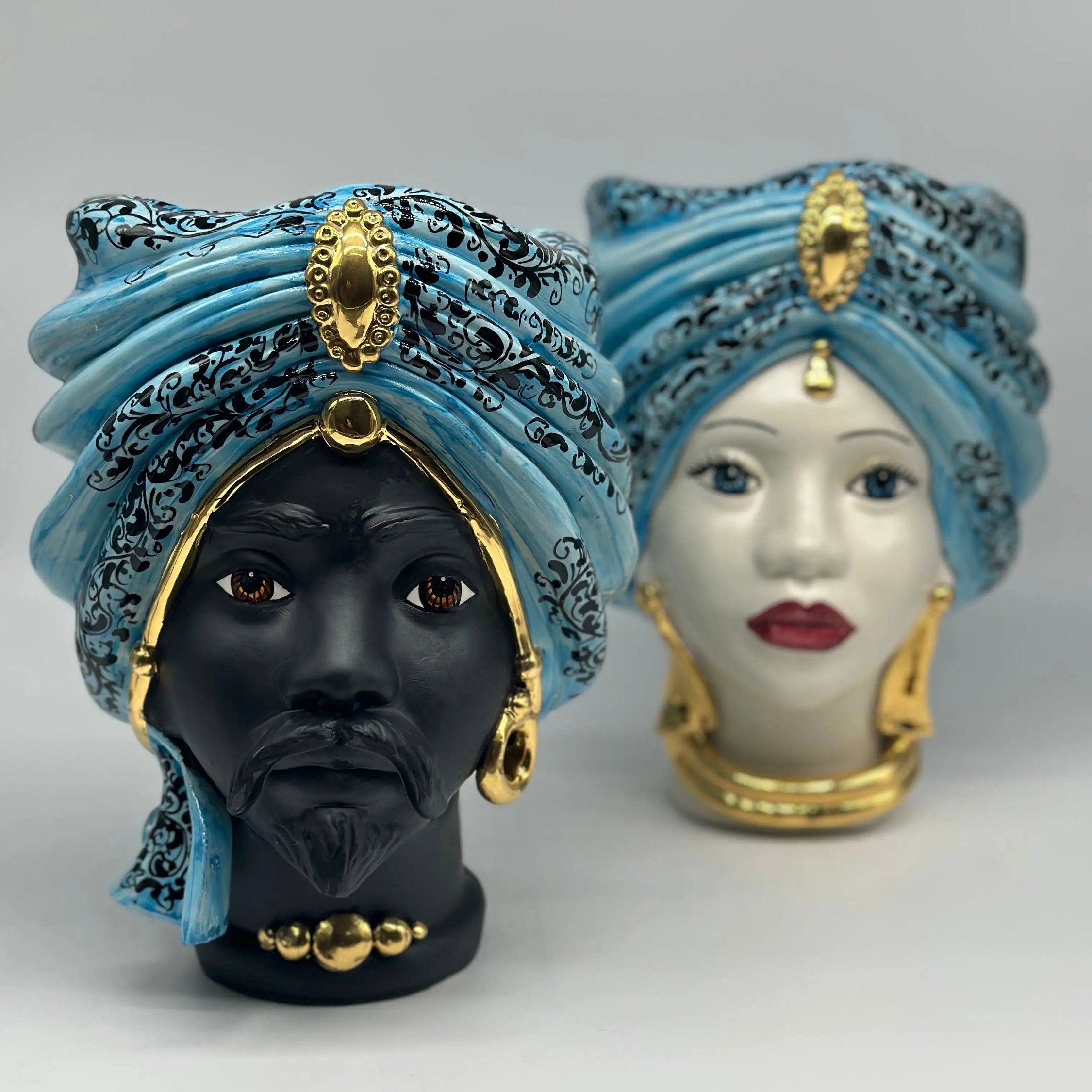 Teste di Moro Atena Ceramica Caltagirone cm H.24 L.18 Artigianale Opaco Celeste Barocco Oro DD CERAMICHE SICILIANE