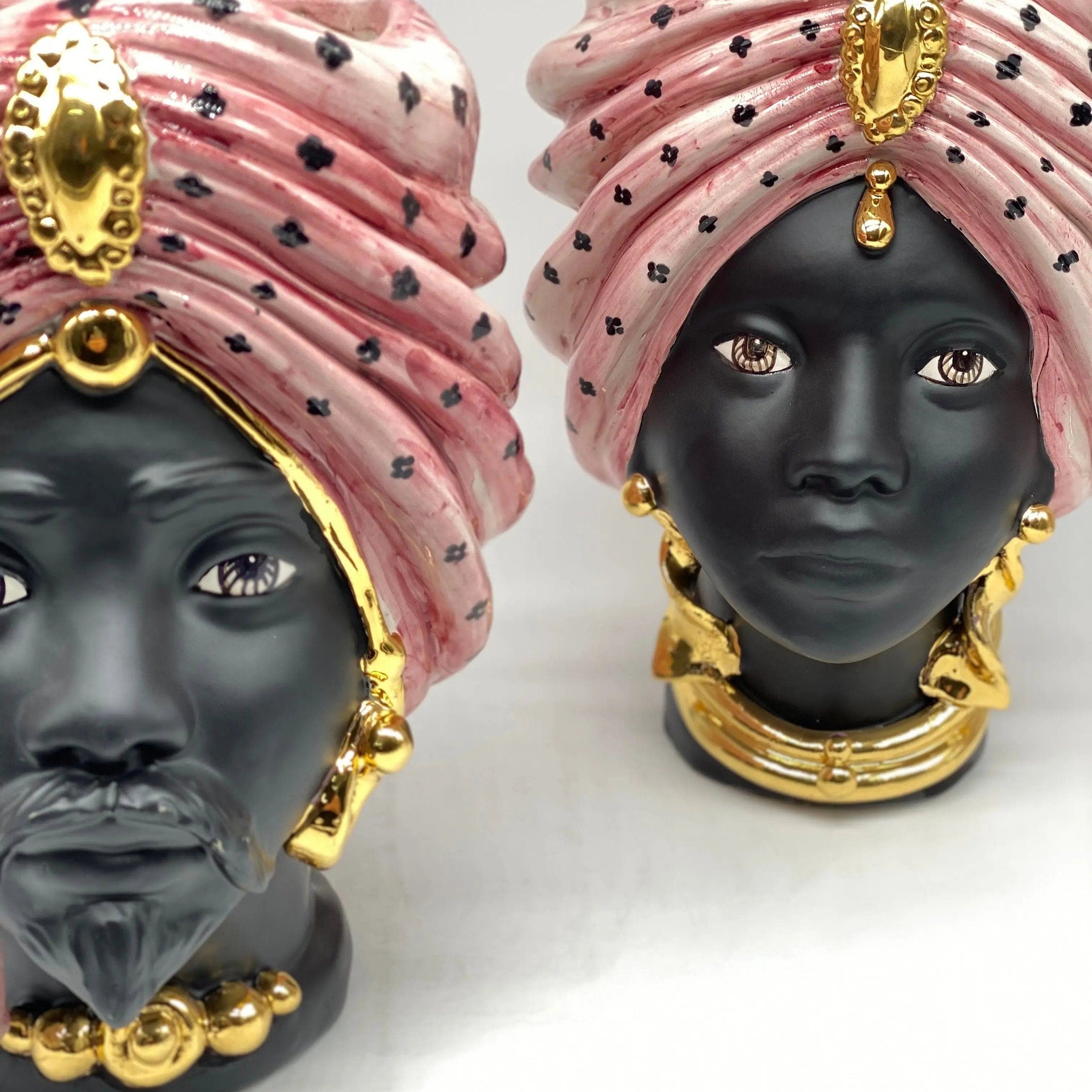 Teste di Moro Atena Ceramica Caltagirone cm H.24 L.18 Artigianale Rosa Pois Nero Oro DD CERAMICHE SICILIANE