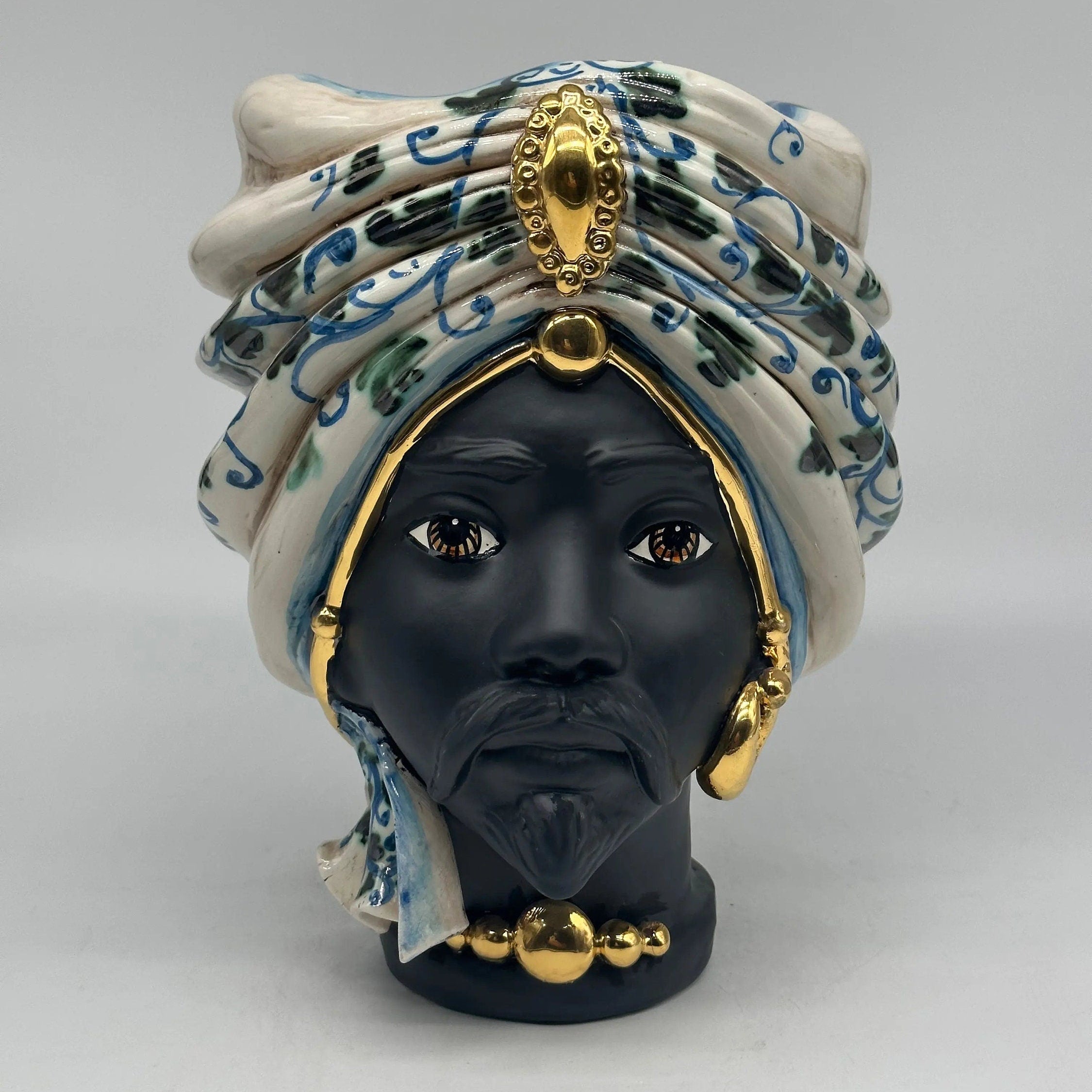Teste di Moro Atena Ceramica Caltagirone cm H.24 L.18 Artigianale Bianco Barocco Blu Verde Oro DD CERAMICHE SICILIANE