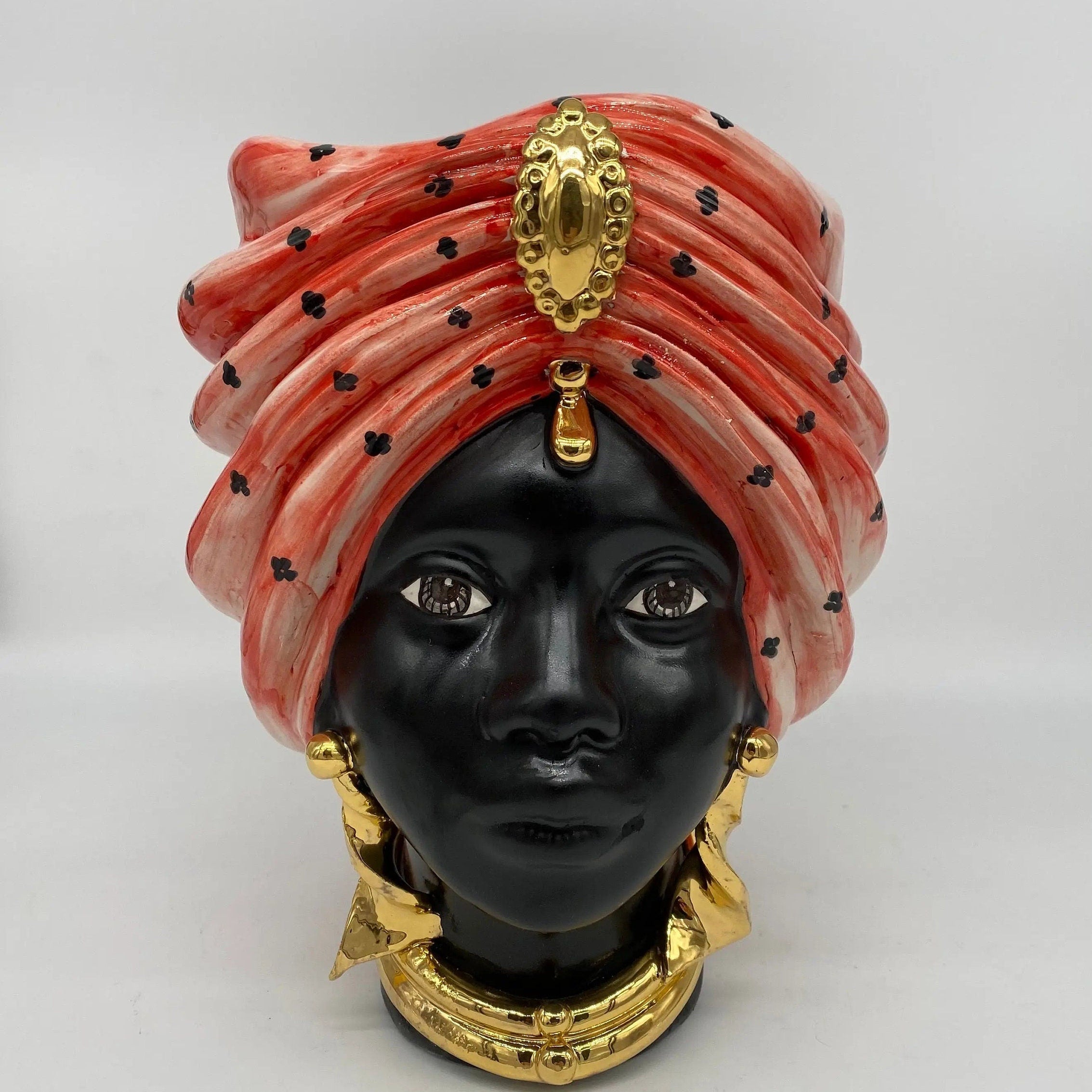 Teste di Moro Atena Ceramica Caltagirone cm H.24 L.18 Artigianale Rosso Pois Nero Oro DD CERAMICHE SICILIANE