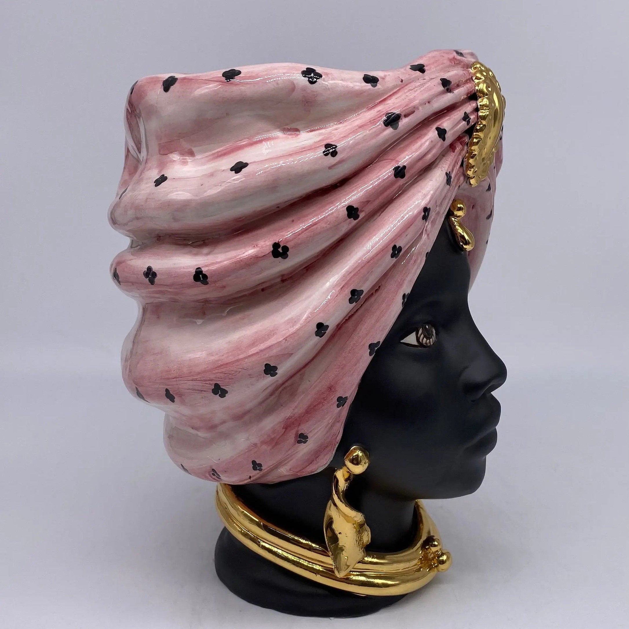Teste di Moro Atena Ceramica Caltagirone cm H.24 L.18 Artigianale Rosa Pois Nero Oro DD CERAMICHE SICILIANE
