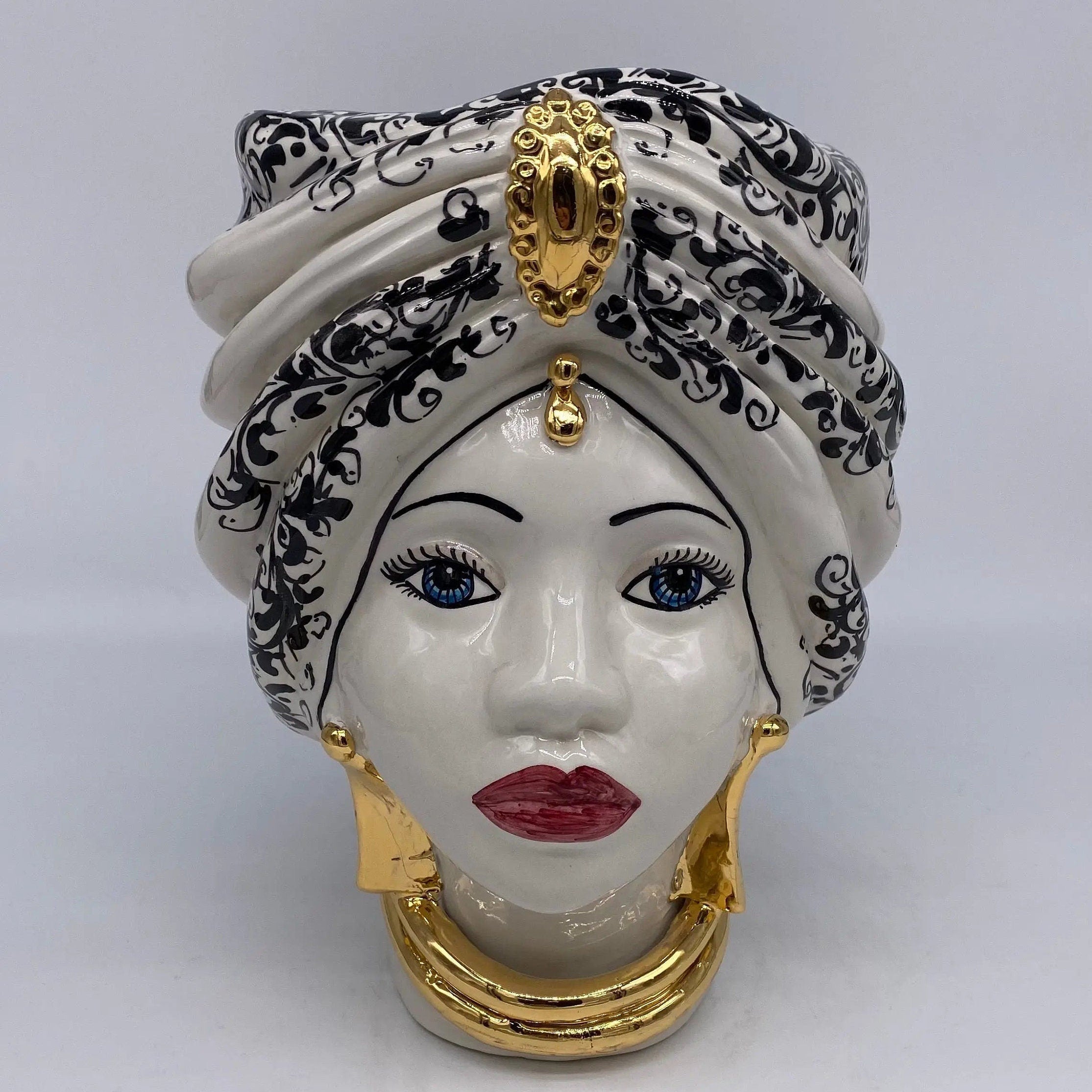 Teste di Moro Atena Ceramica Caltagirone cm H.24 L.18 Artigianale Opaco Bianco Barocco Oro DD CERAMICHE SICILIANE