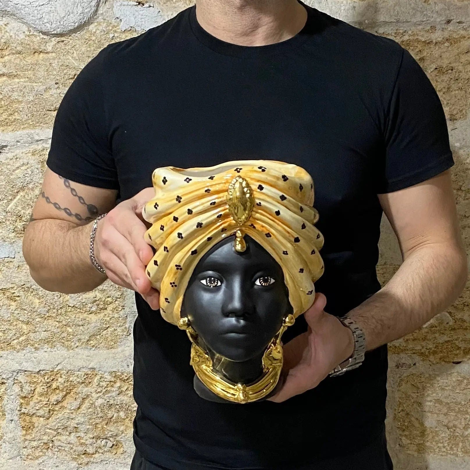 Teste di Moro Atena Ceramica Caltagirone cm H.24 L.18 Artigianale Arancio Pois Nero Oro DD CERAMICHE SICILIANE