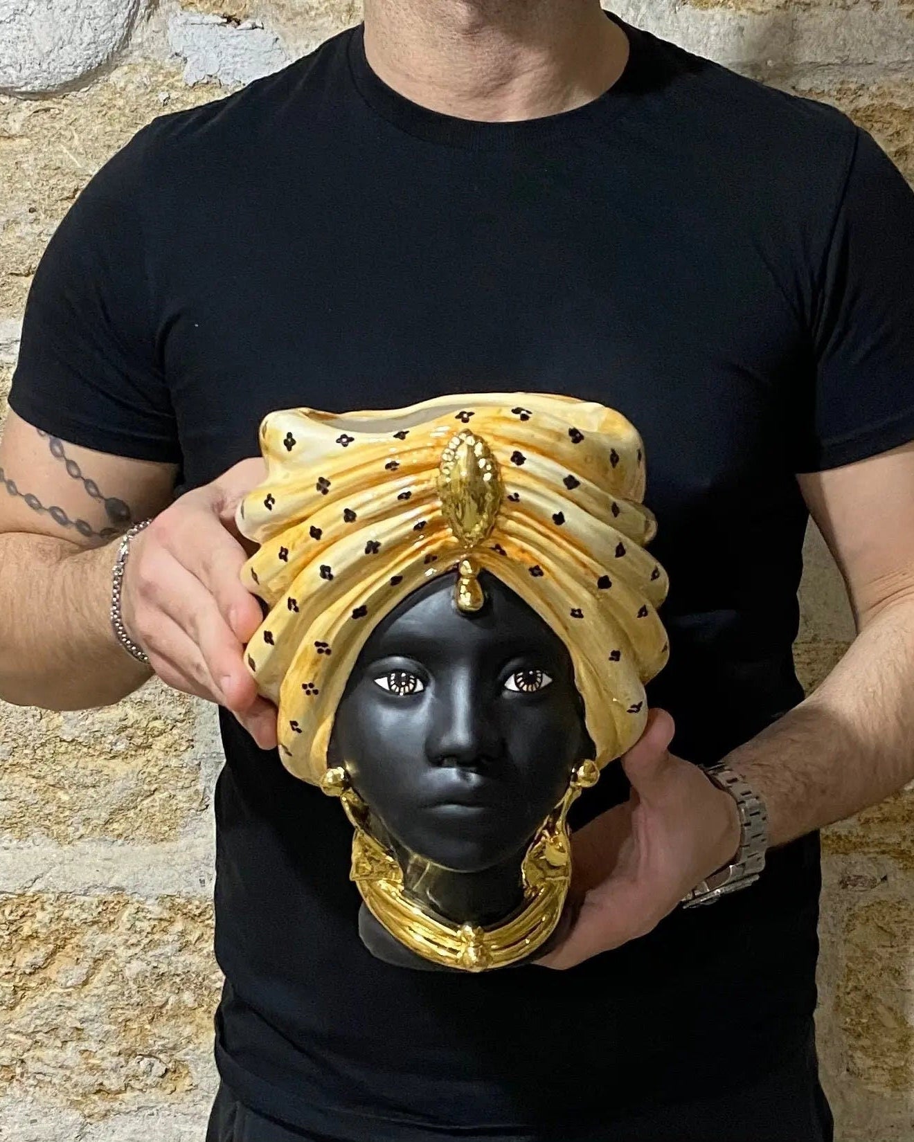 Teste di Moro Atena Ceramica Caltagirone cm H.24 L.18 Artigianale Arancio Pois Nero Oro DD CERAMICHE SICILIANE