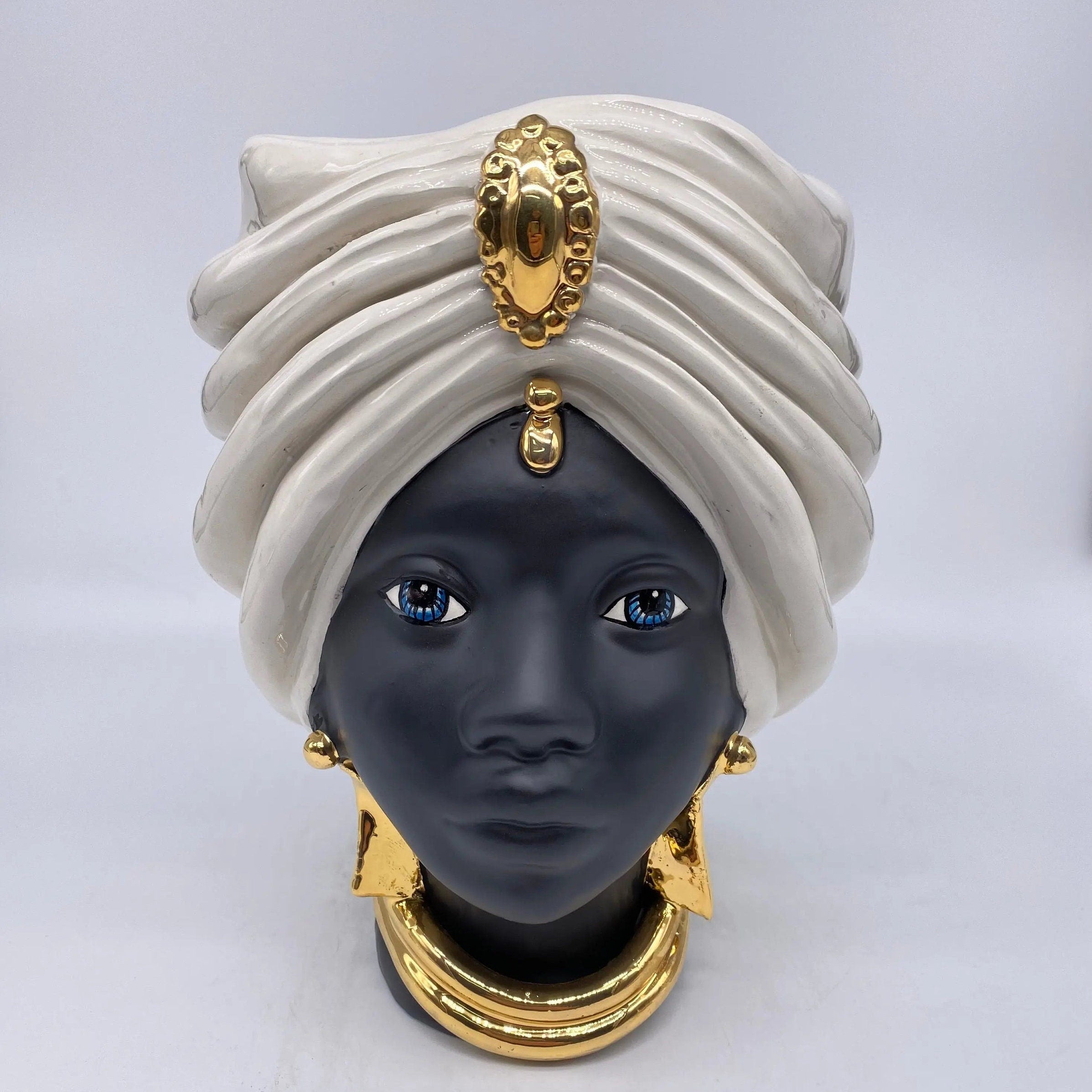 Teste di Moro Atena Ceramica Caltagirone cm H.24 L.18 Artigianale Bianco Nero Oro DD CERAMICHE SICILIANE