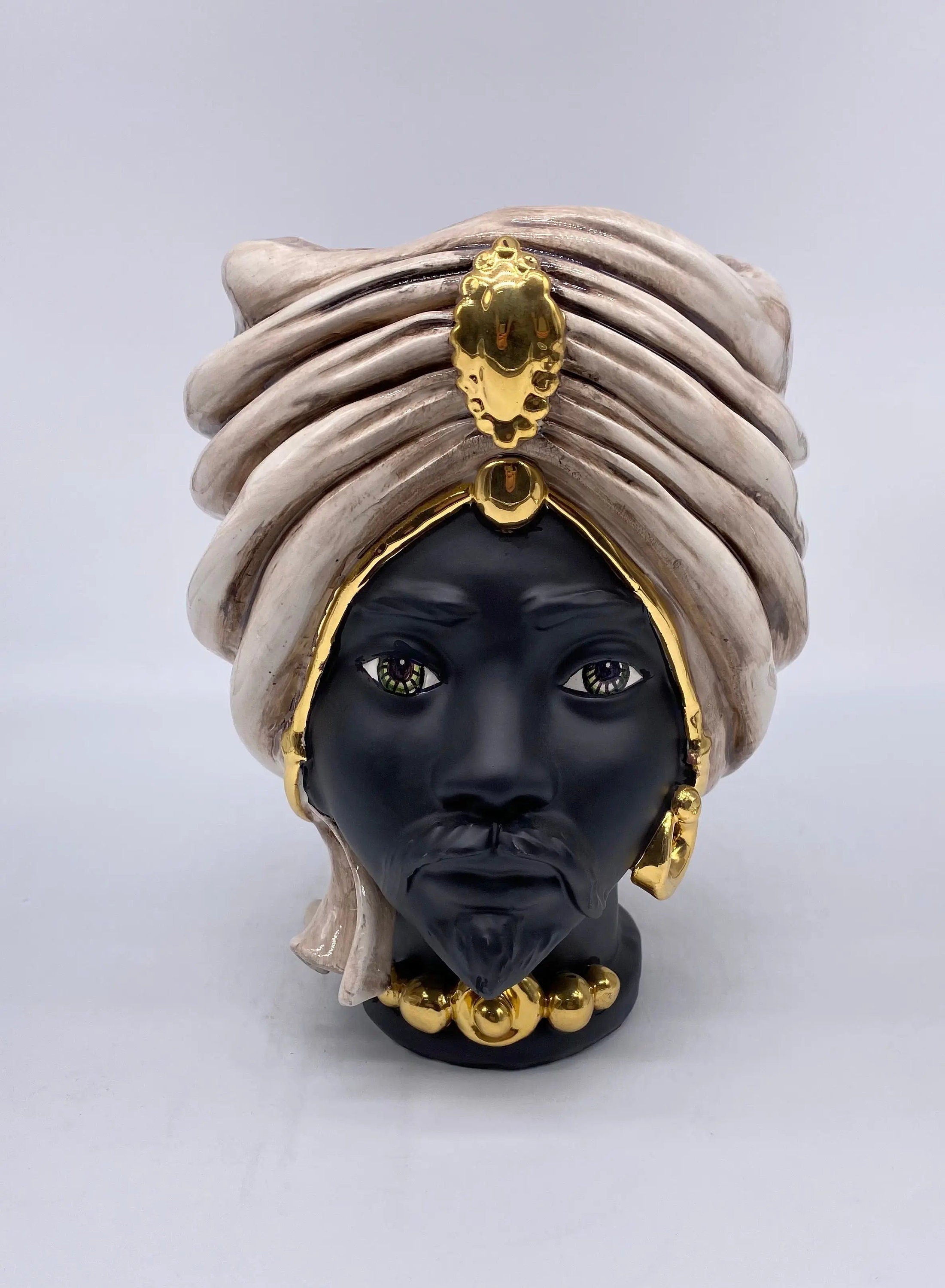 Teste di Moro Atena Ceramica Caltagirone cm H.24 L.18 Artigianale Écru Nero Oro DD CERAMICHE SICILIANE