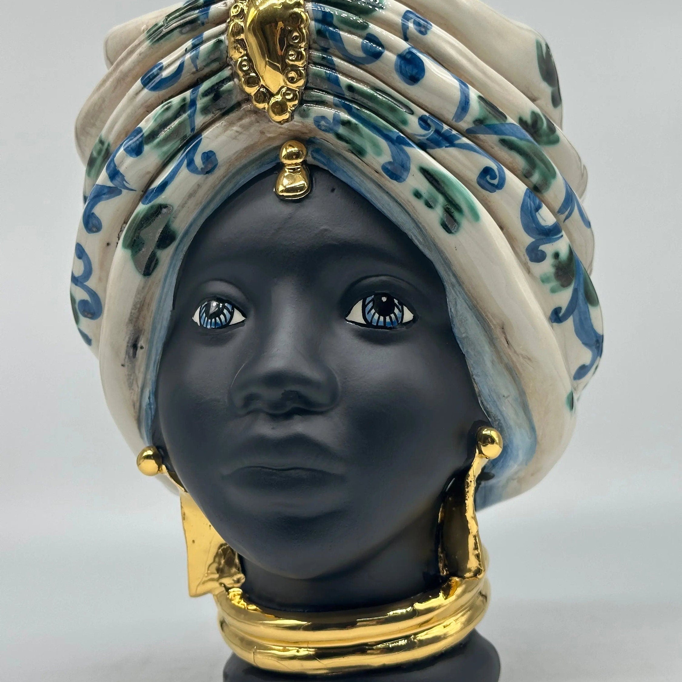 Teste di Moro Atena Ceramica Caltagirone cm H.24 L.18 Artigianale Bianco Barocco Blu Verde Oro DD CERAMICHE SICILIANE