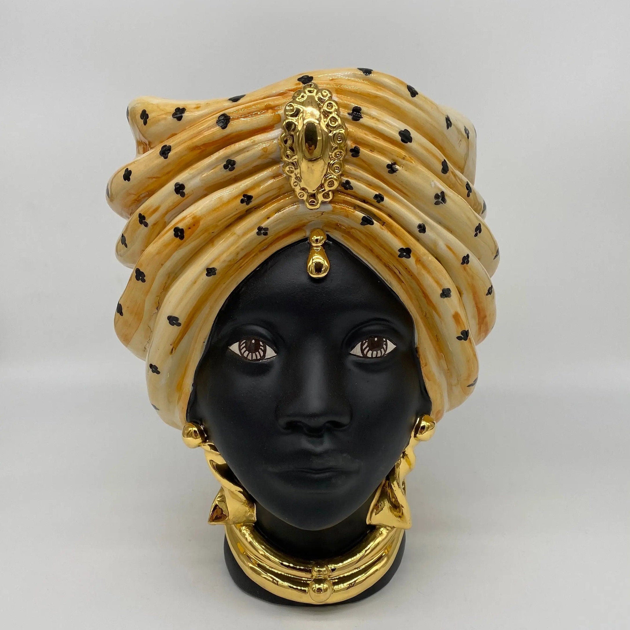 Teste di Moro Atena Ceramica Caltagirone cm H.24 L.18 Artigianale Arancio Pois Nero Oro DD CERAMICHE SICILIANE