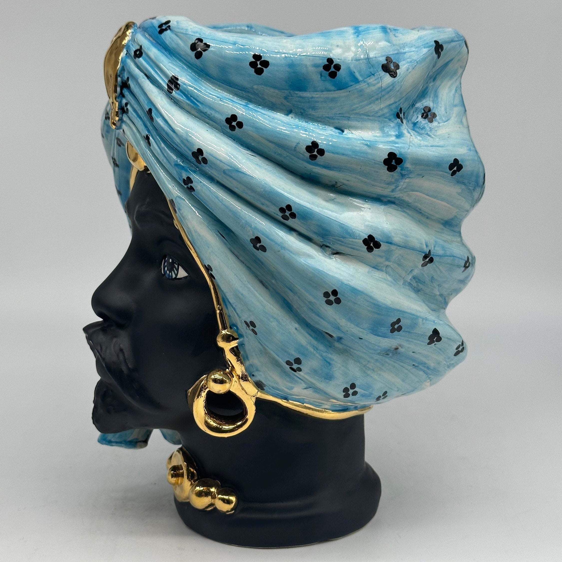 Teste di Moro Atena Ceramica Caltagirone cm H.24 L.18 Artigianale Celeste Pois Nero Oro DD CERAMICHE SICILIANE