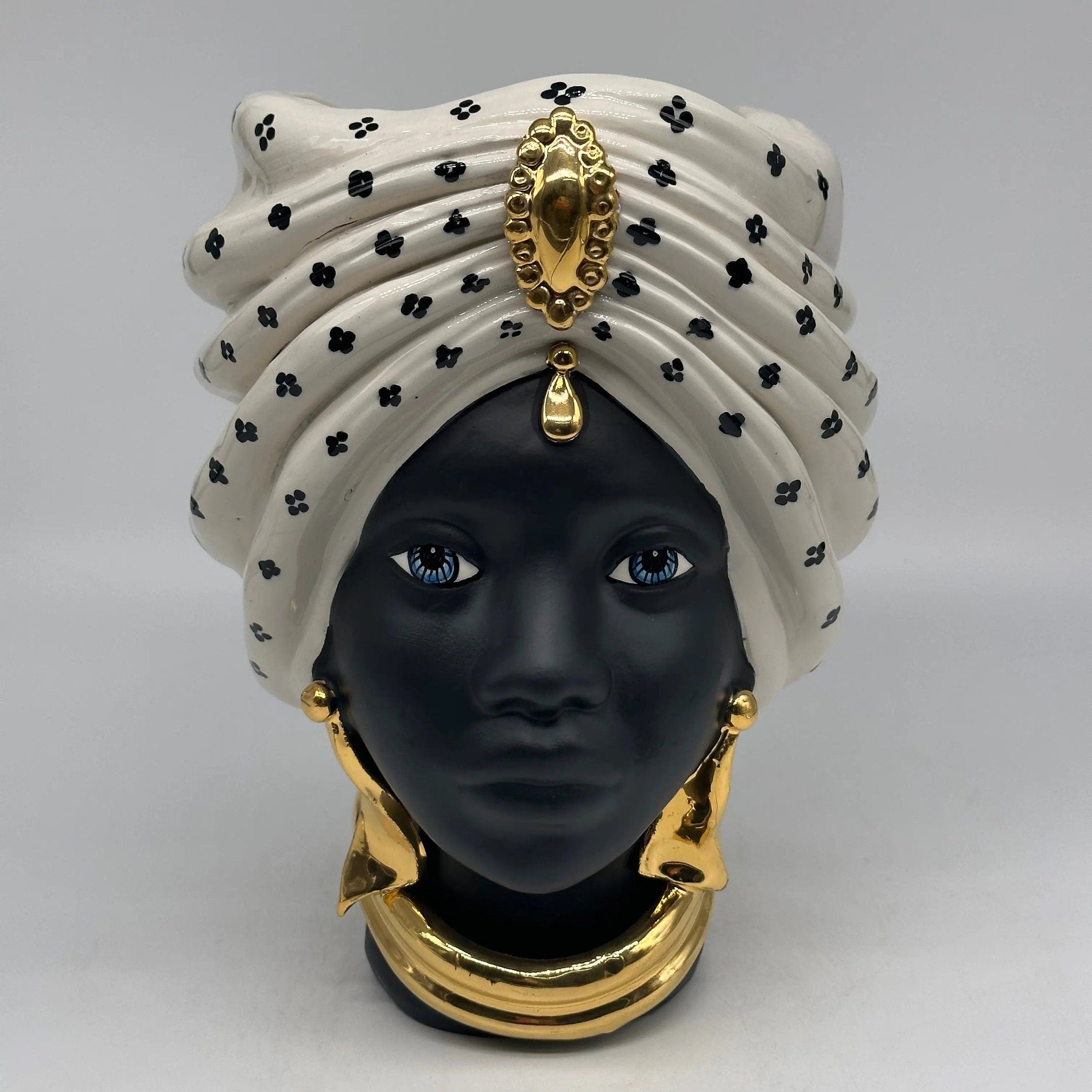 Teste di Moro Atena Ceramica Caltagirone cm H.24 L.18 Artigianale Bianco Pois Nero Oro DD CERAMICHE SICILIANE
