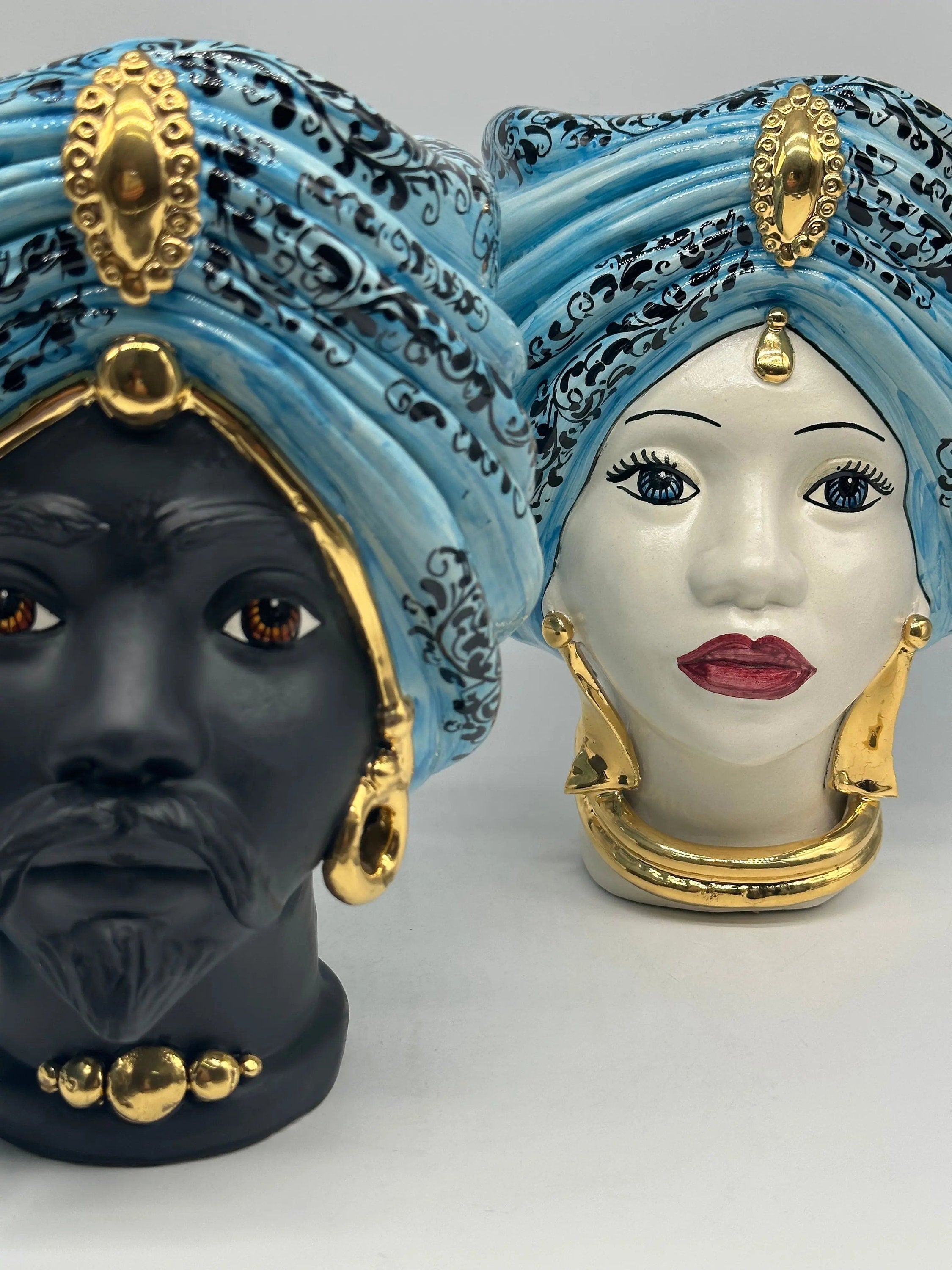 Teste di Moro Atena Ceramica Caltagirone cm H.24 L.18 Artigianale Opaco Celeste Barocco Oro DD CERAMICHE SICILIANE