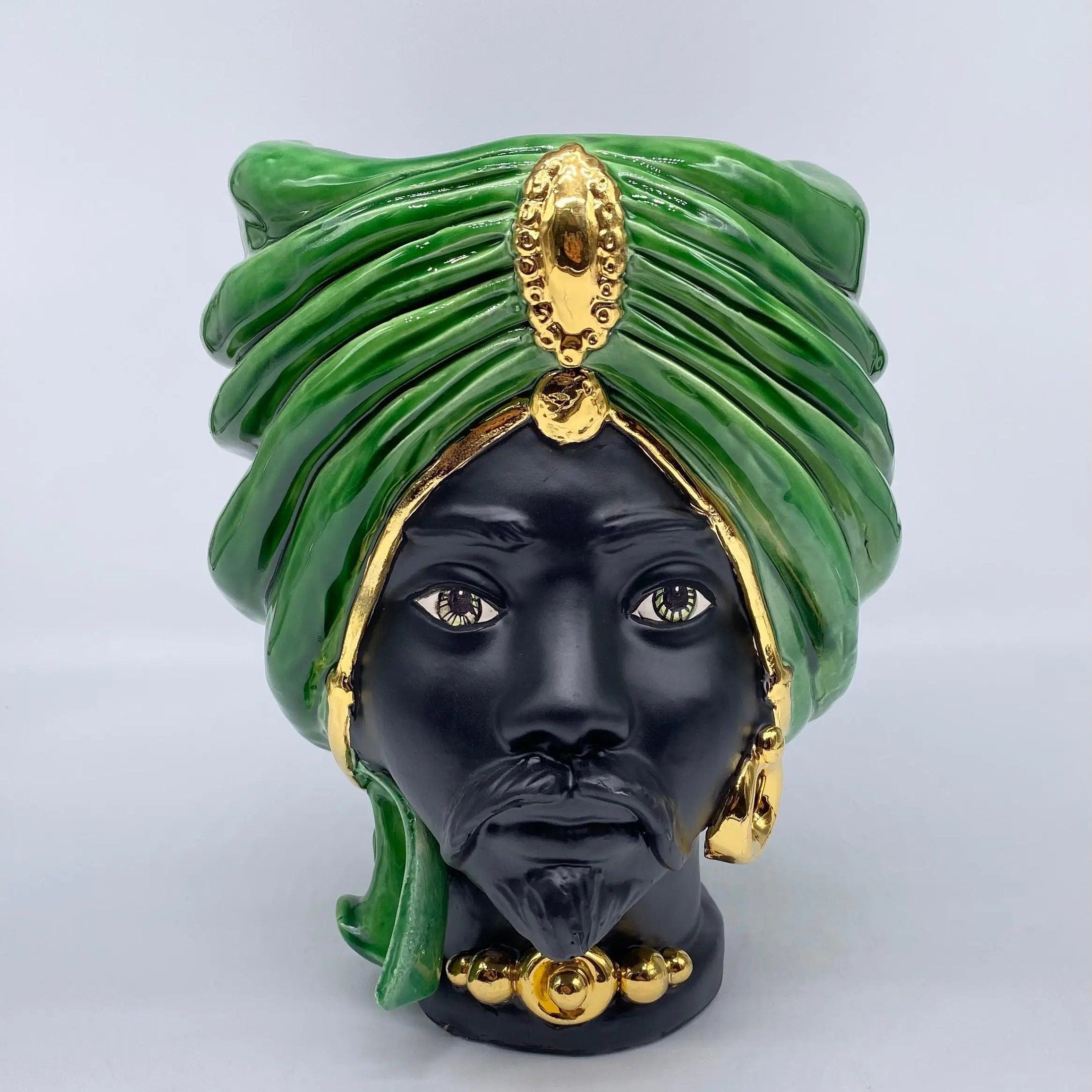 Teste di Moro Atena Ceramica Caltagirone cm H.24 L.18 Artigianale Verde Cristallo Opaco Oro DD CERAMICHE SICILIANE